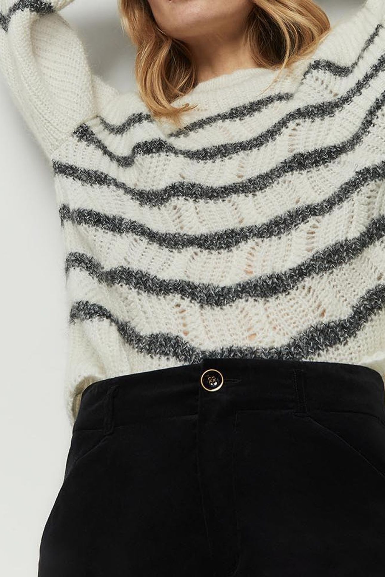TALIA _ ECRU OPENWORK KNIT SWEATER WITH NAVY STRIPES 5