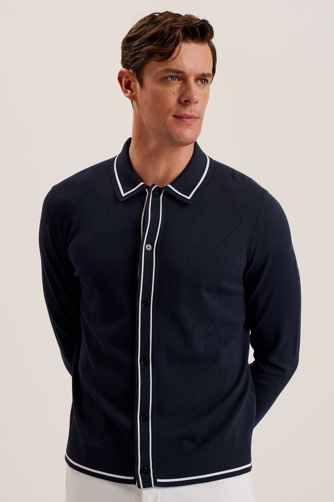 ELMDON LS DIAMOND BUTTON THROUGH SHIRT NAVY 1