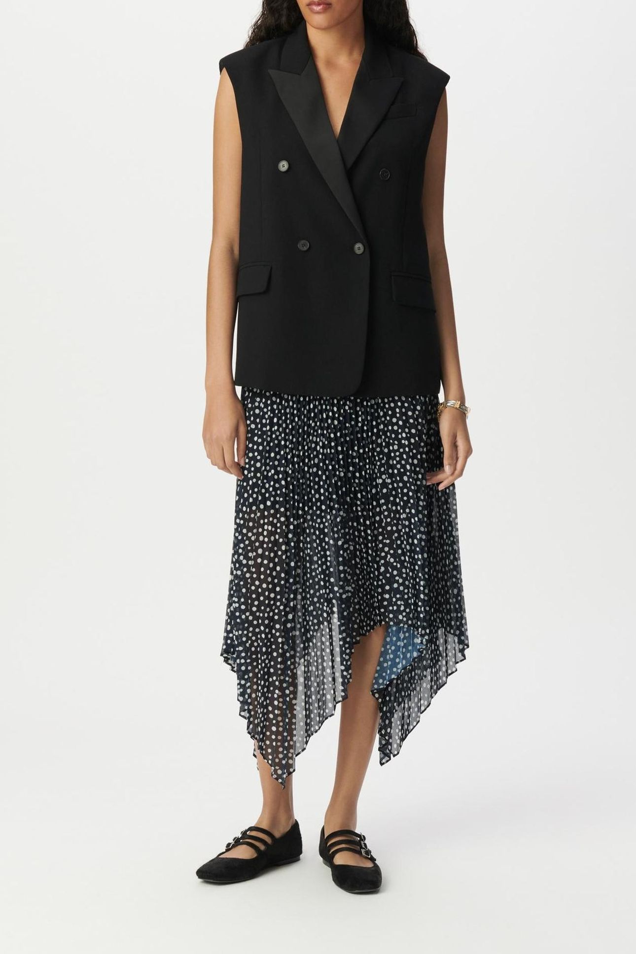 NAVY POLKA DOT PRINT PLEATED LONG SKIRT 3
