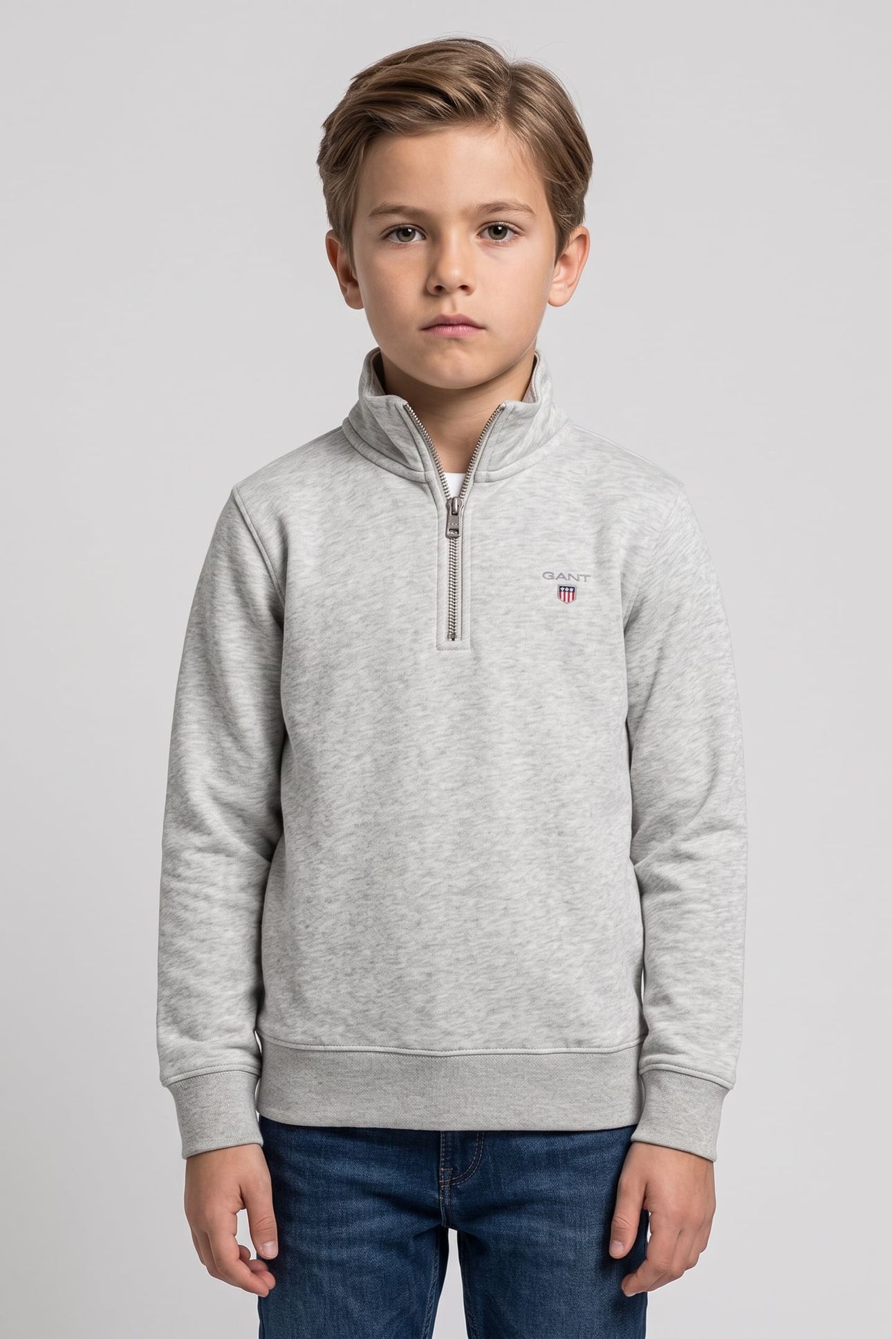 TEEN UNISEX SHIELD HALF ZIP SWEATSHIRT LIGHT GREY MELANGE 1