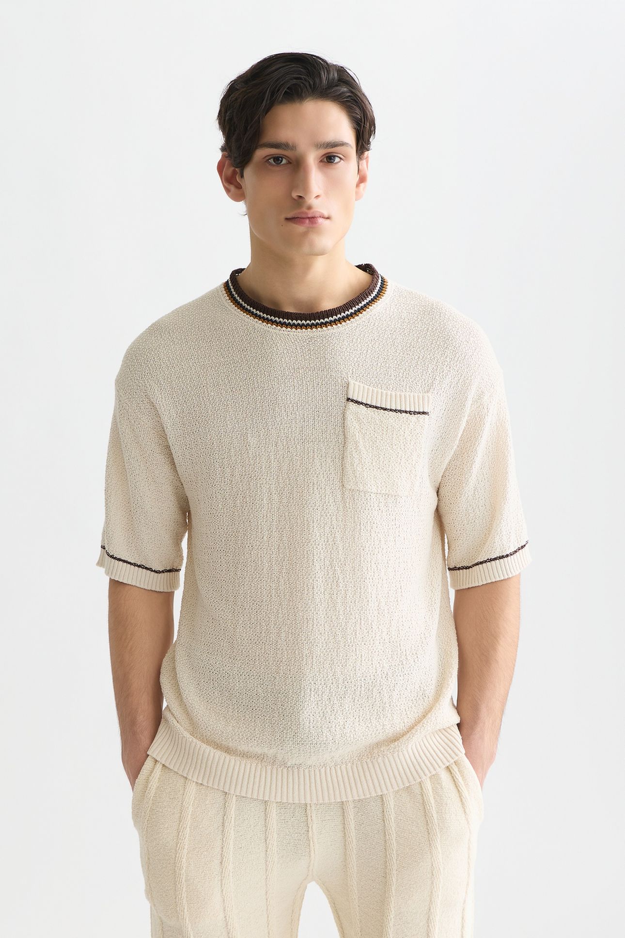 KNITTED COTTON LINENBLEND RELAXEDFIT TSHIRT LIGHT BEIGE 1