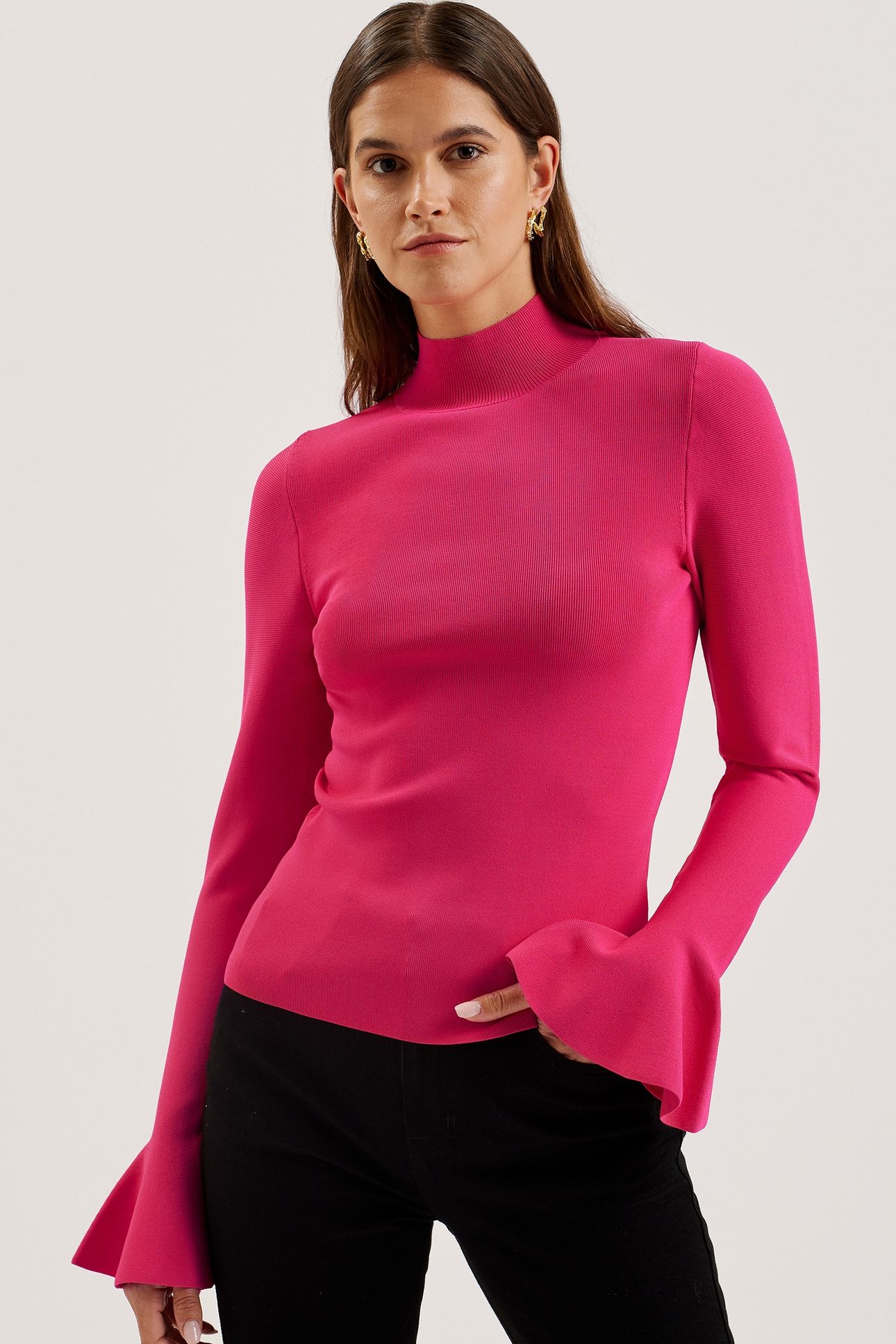 LAYNHA HIGH NECK KNITTED FRILL SLEEVE FUCHSIA 1