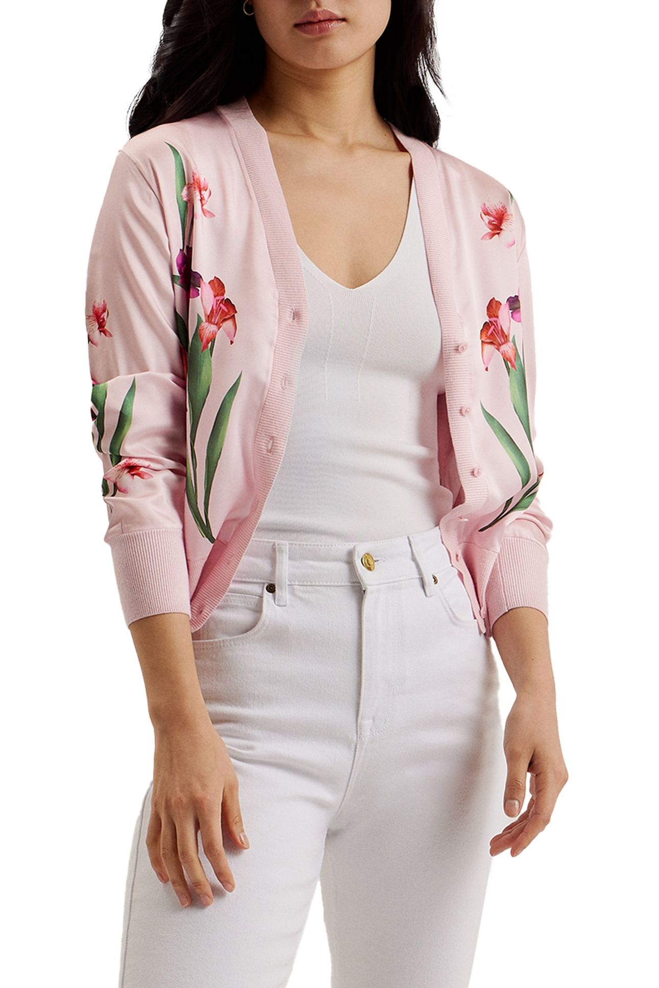 MERALLL WOVEN FRONT PRINTED CARDIGAN PINK 1