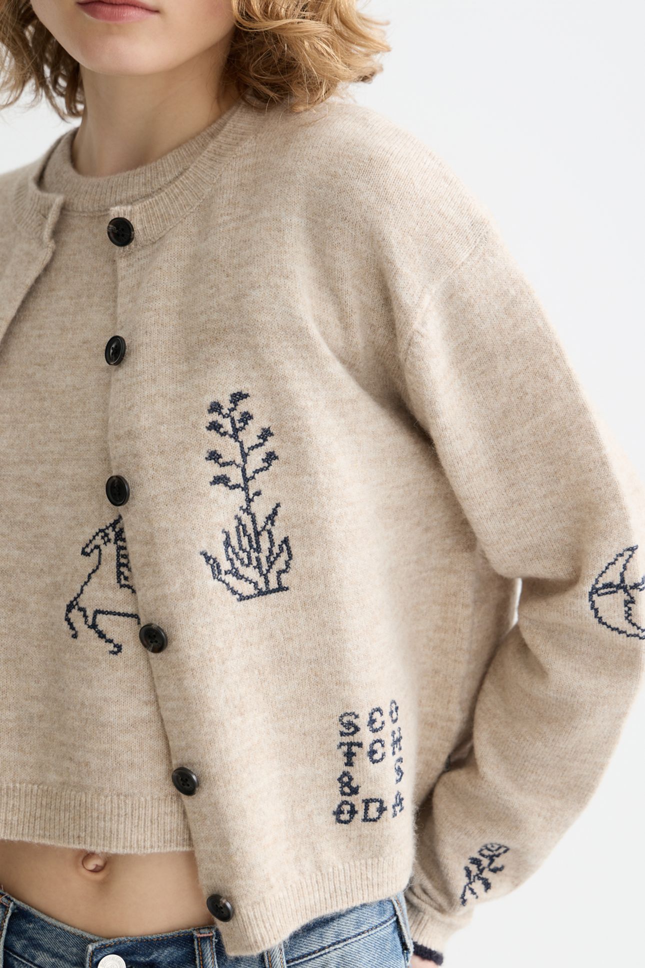 EMBROIDERED CREW NECK CARDIGAN OATMEAL MELANGE 6