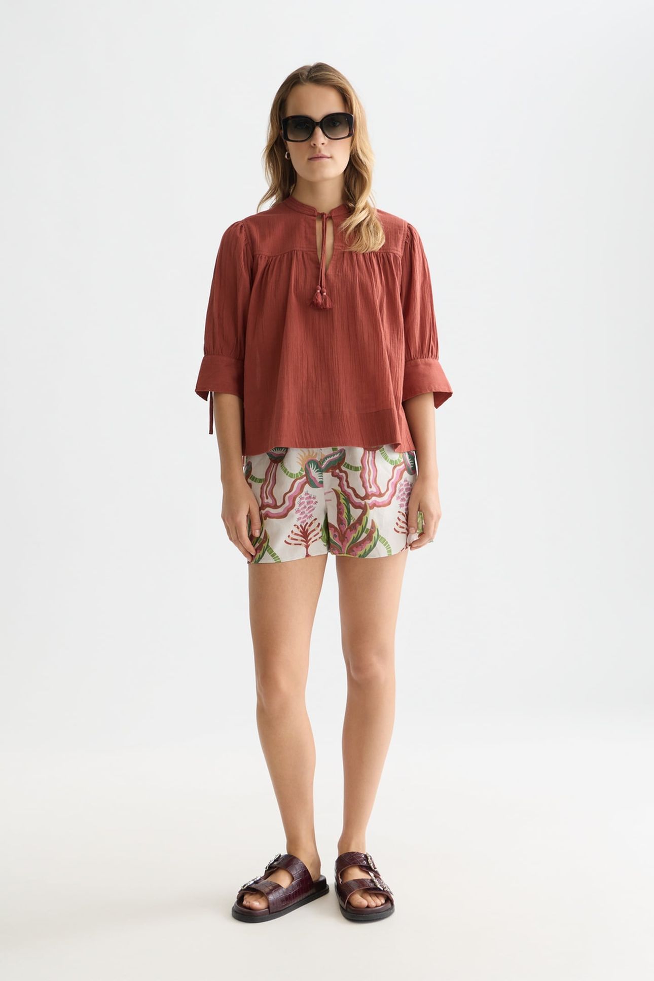 COTTON-LINEN ELASTIC WAIST SHORTS DESERT FLORAL CANYON CLAY 3