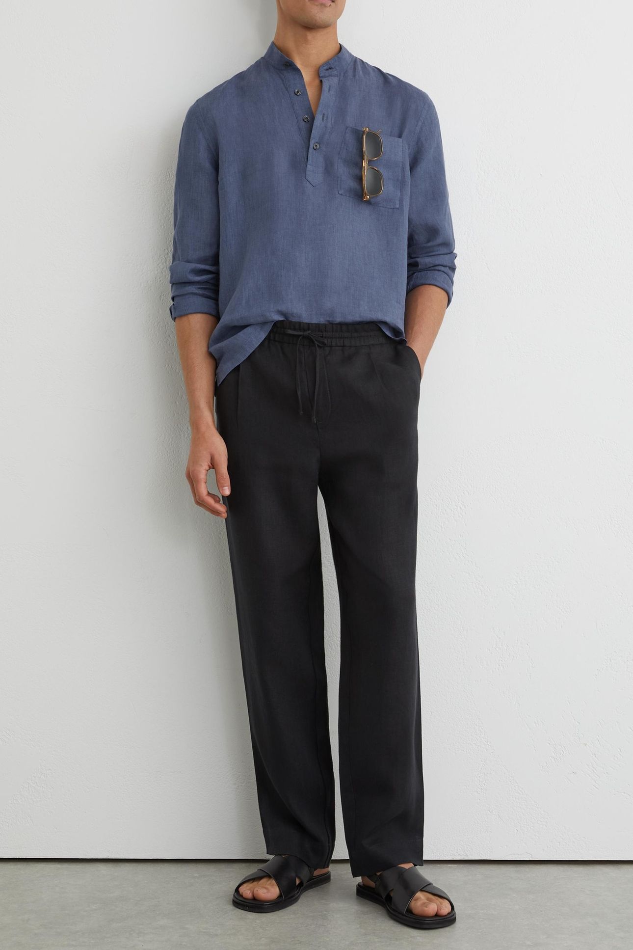 LS HALF BUTTON GRANDAD LINEN SHIRT DENIM BLUE 3