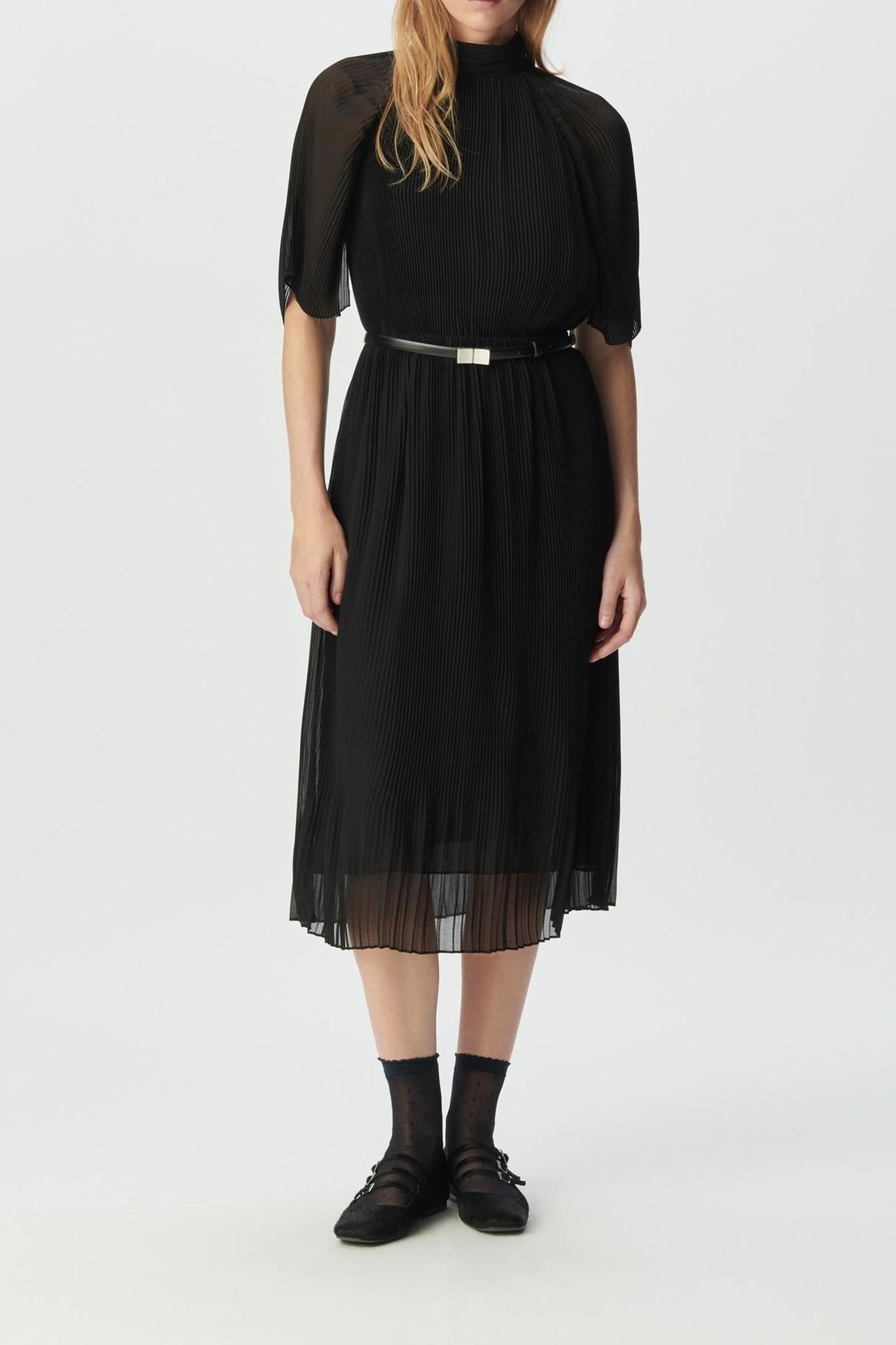 BLACK PLEATED VOILE DRESSY MIDI DRESS 6