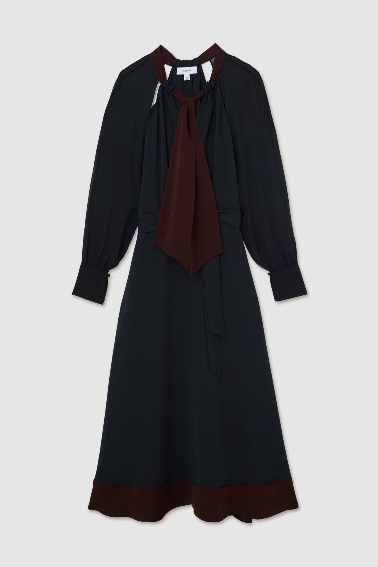 TIE NECK MIDI DRESS NAVY/BURGUNDY 4
