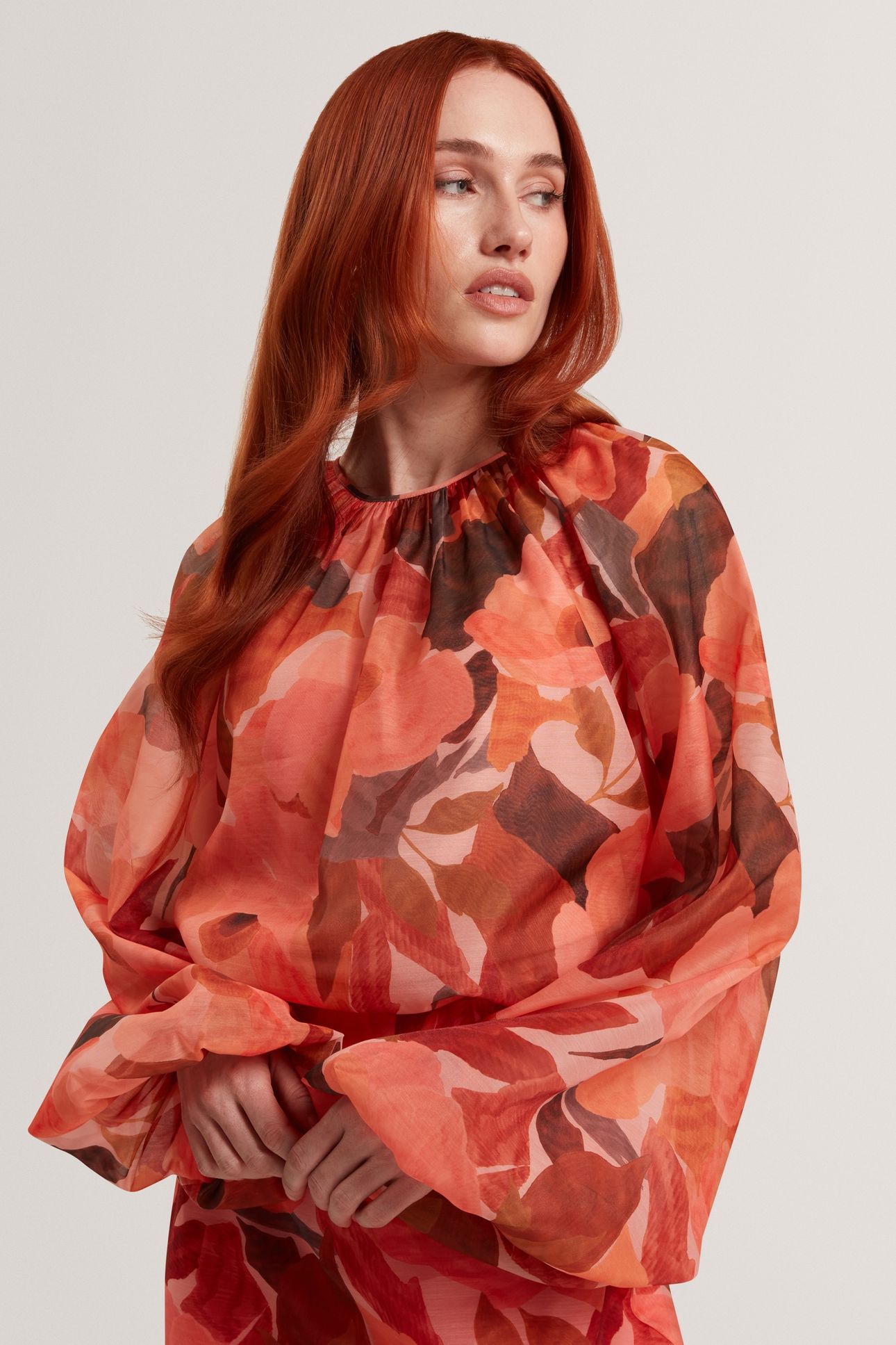 PRINTED BLOUSE WITH ORGANZA OVERLAY CORAL 1