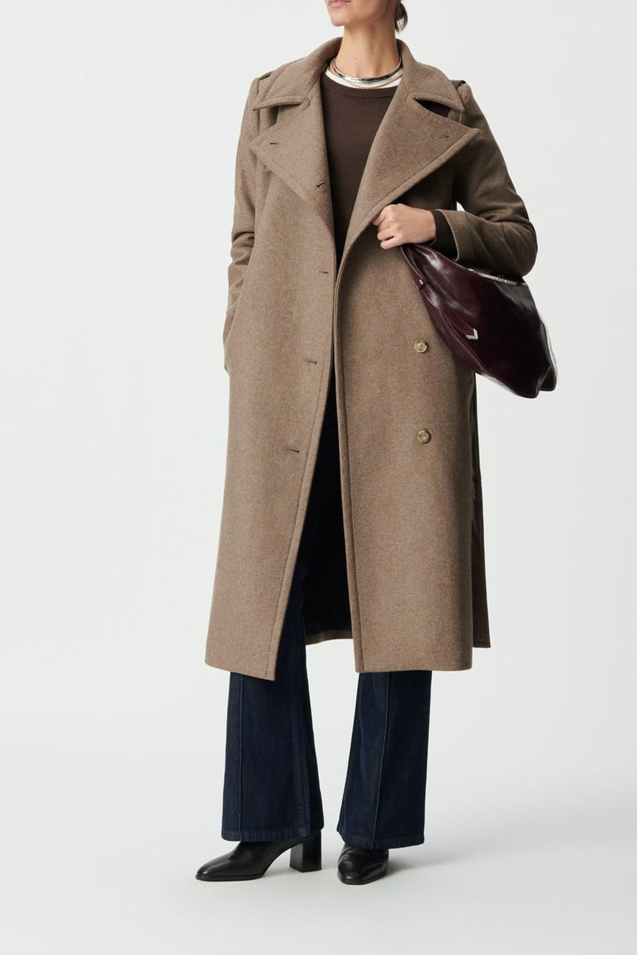 BEIGE WOOLCLOTH BELTED PEA-STYLE LONG COAT 1