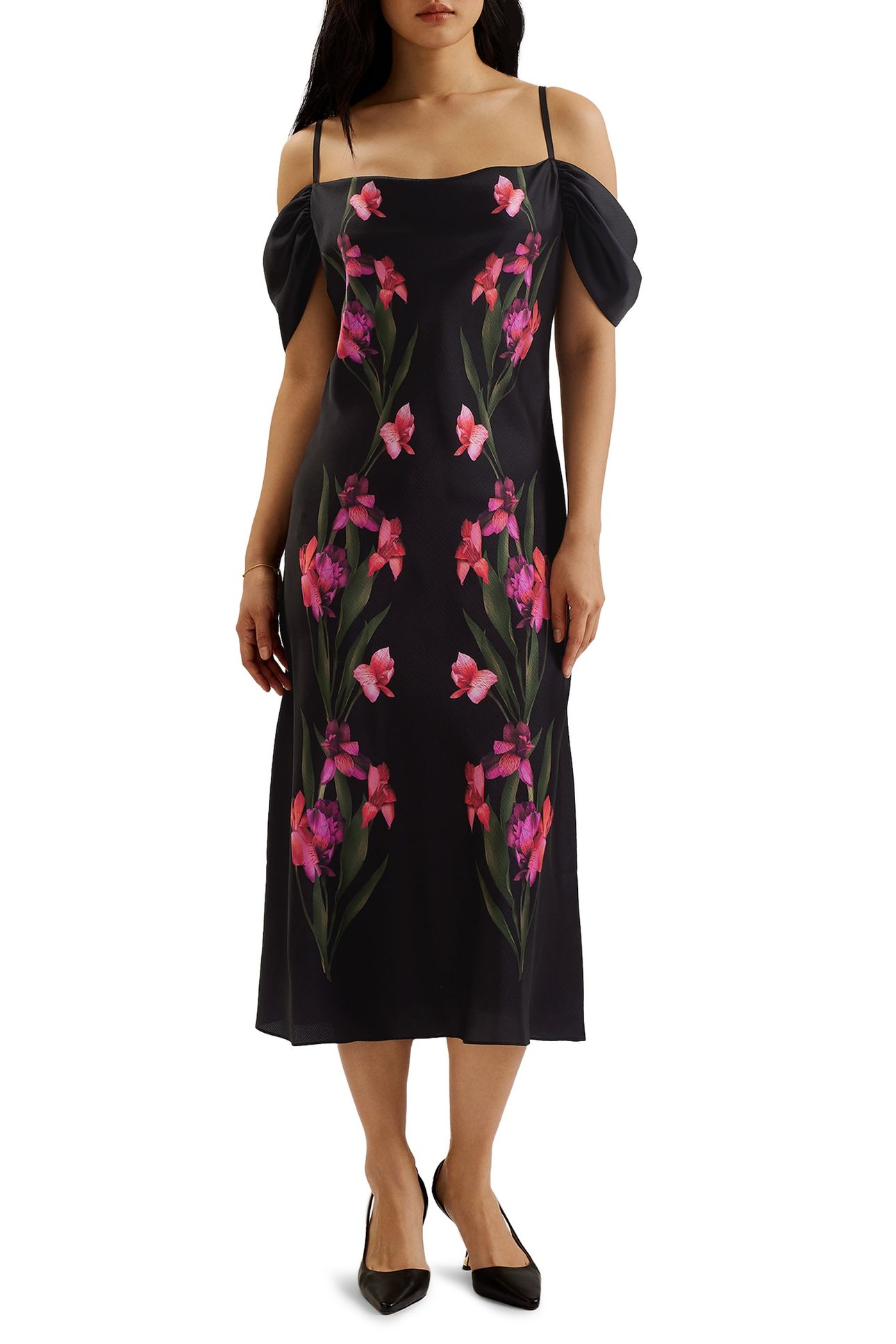 LUCERN SATIN OFF THE SHOULDER MIDI BLACK 1