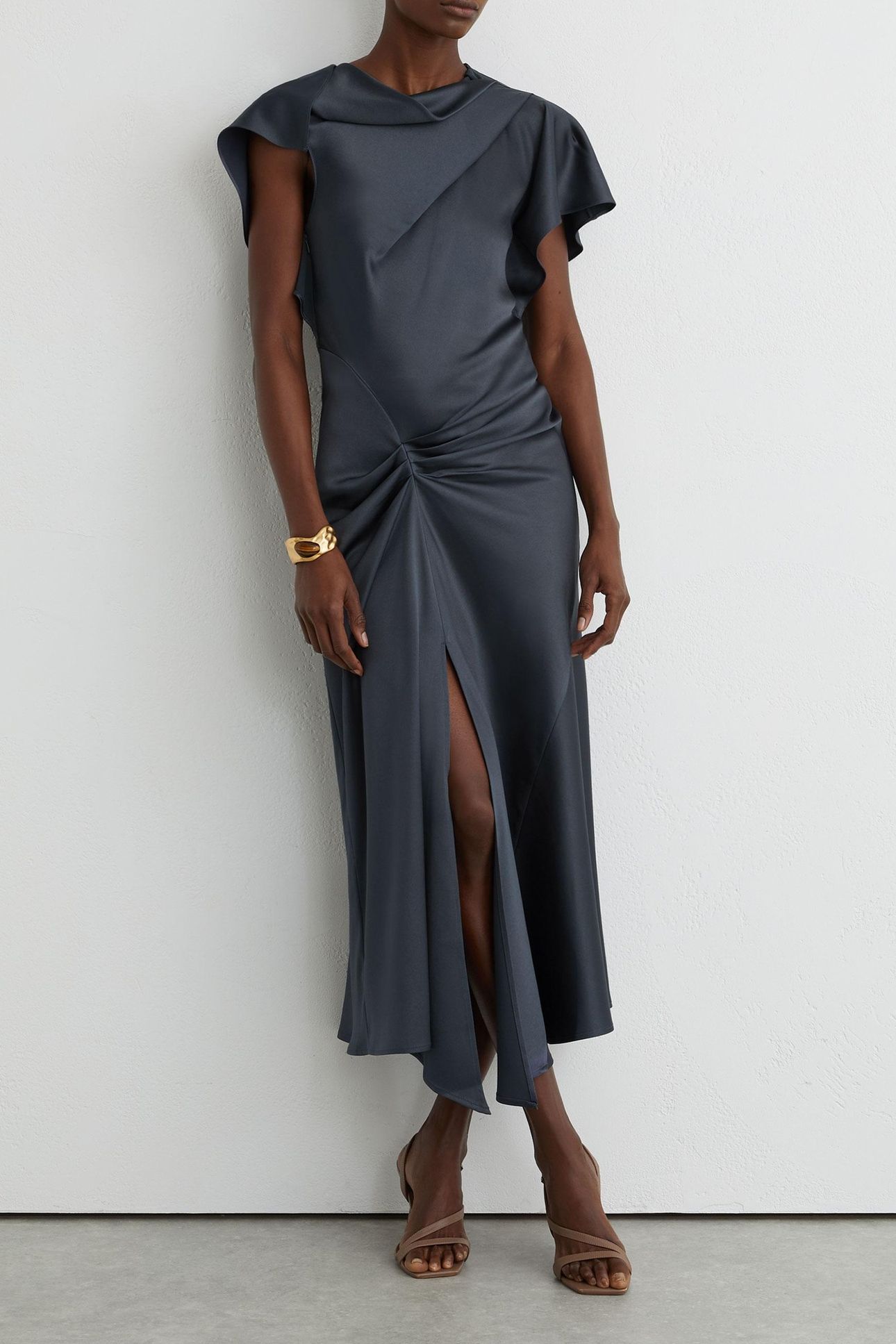 SATIN DRAPE DETAIL MIDI DRESS SLATE GREY 1
