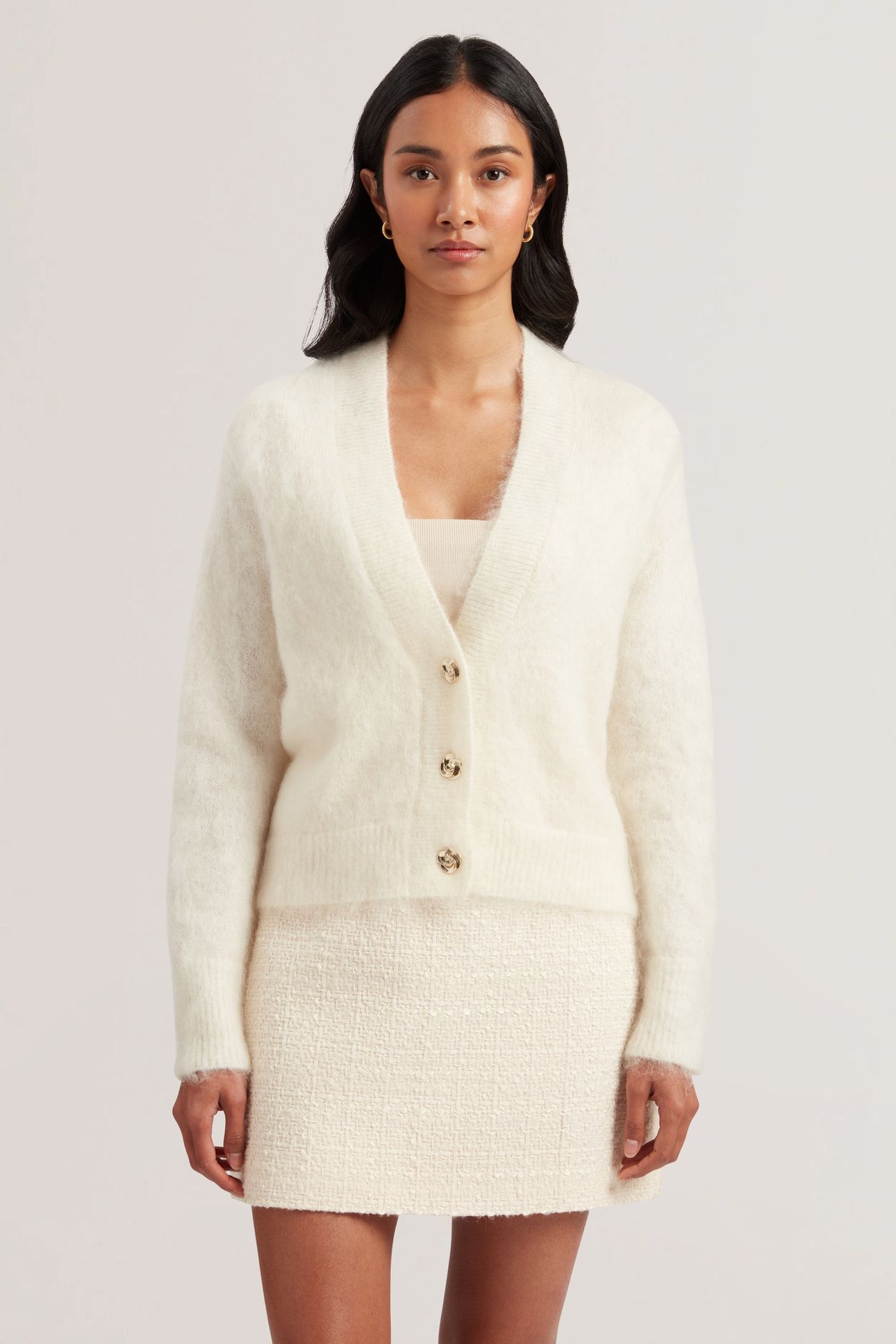 ABEYYY ROSE BUTTON V NECK CARDIGAN IVORY 1