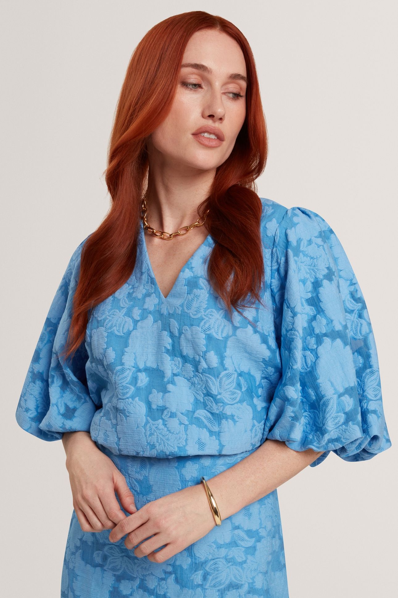 V NECK TOP WITH PUFF SLEEVES MID-BLUE 1