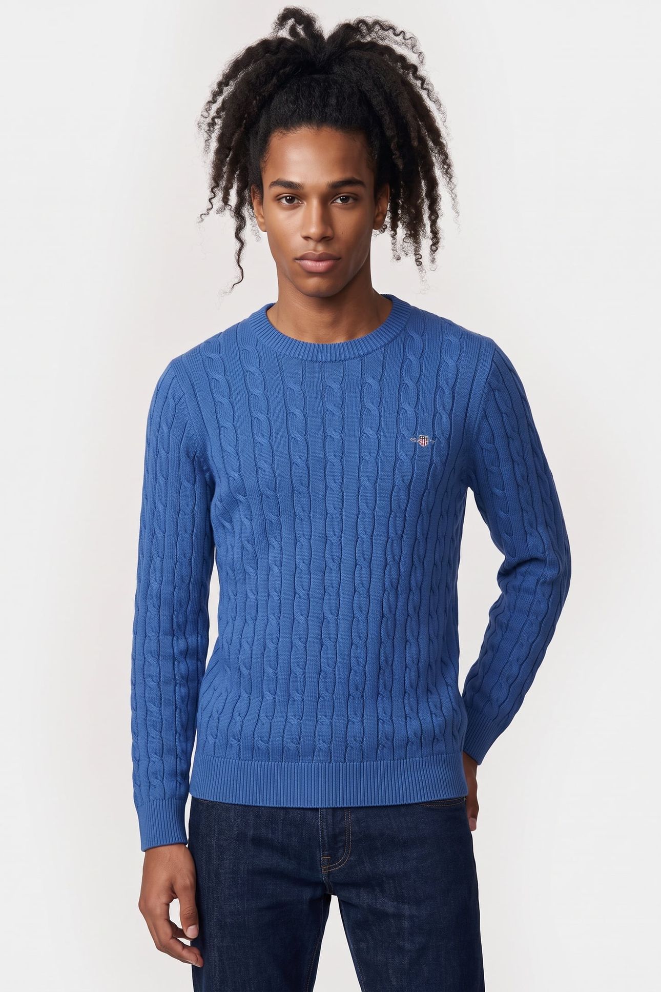 COTTON CABLE C-NECK RICH BLUE 1