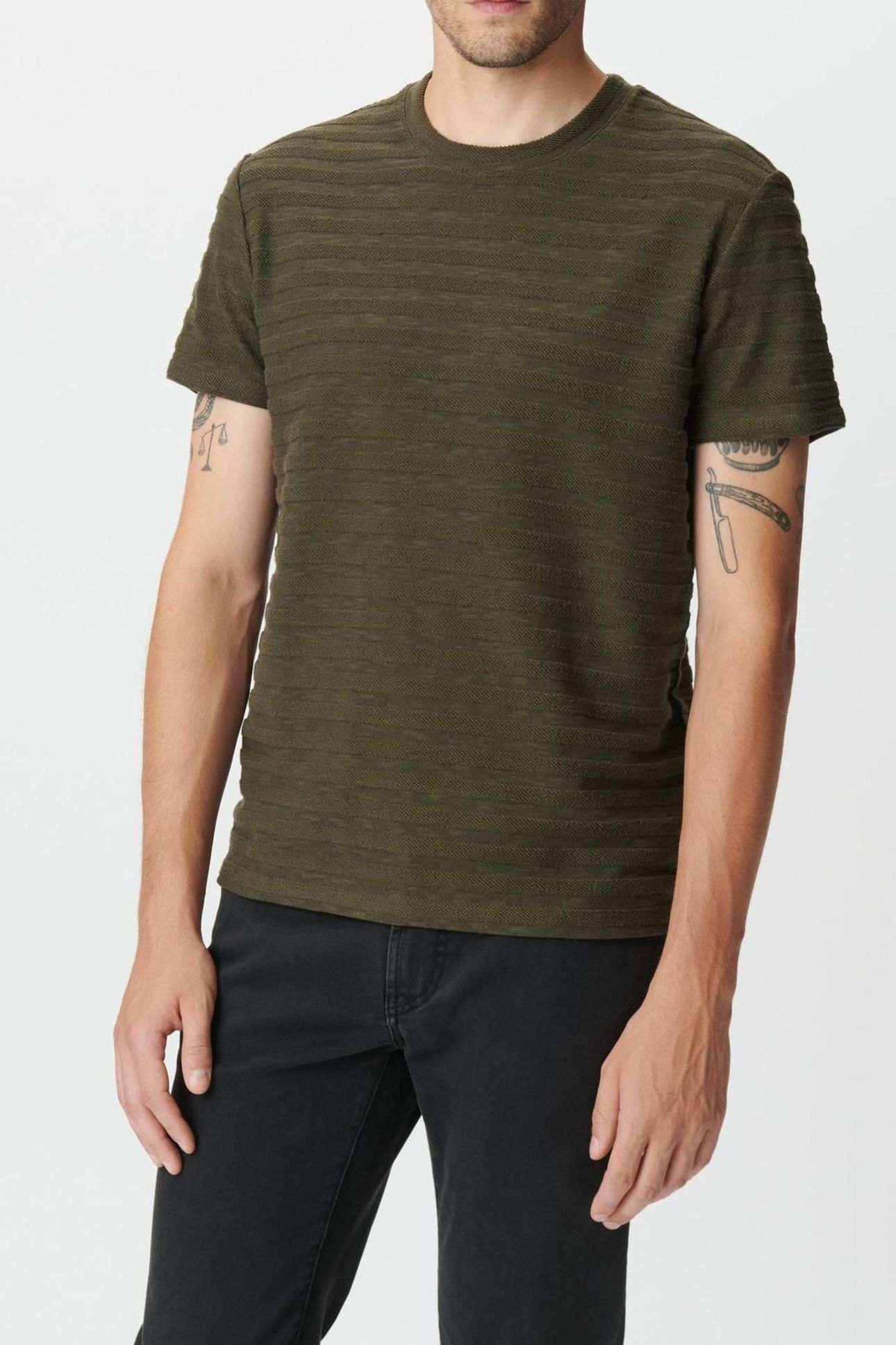 DARK KHAKI TERRY STRIPED PATTERN TEE-SHIRT 1