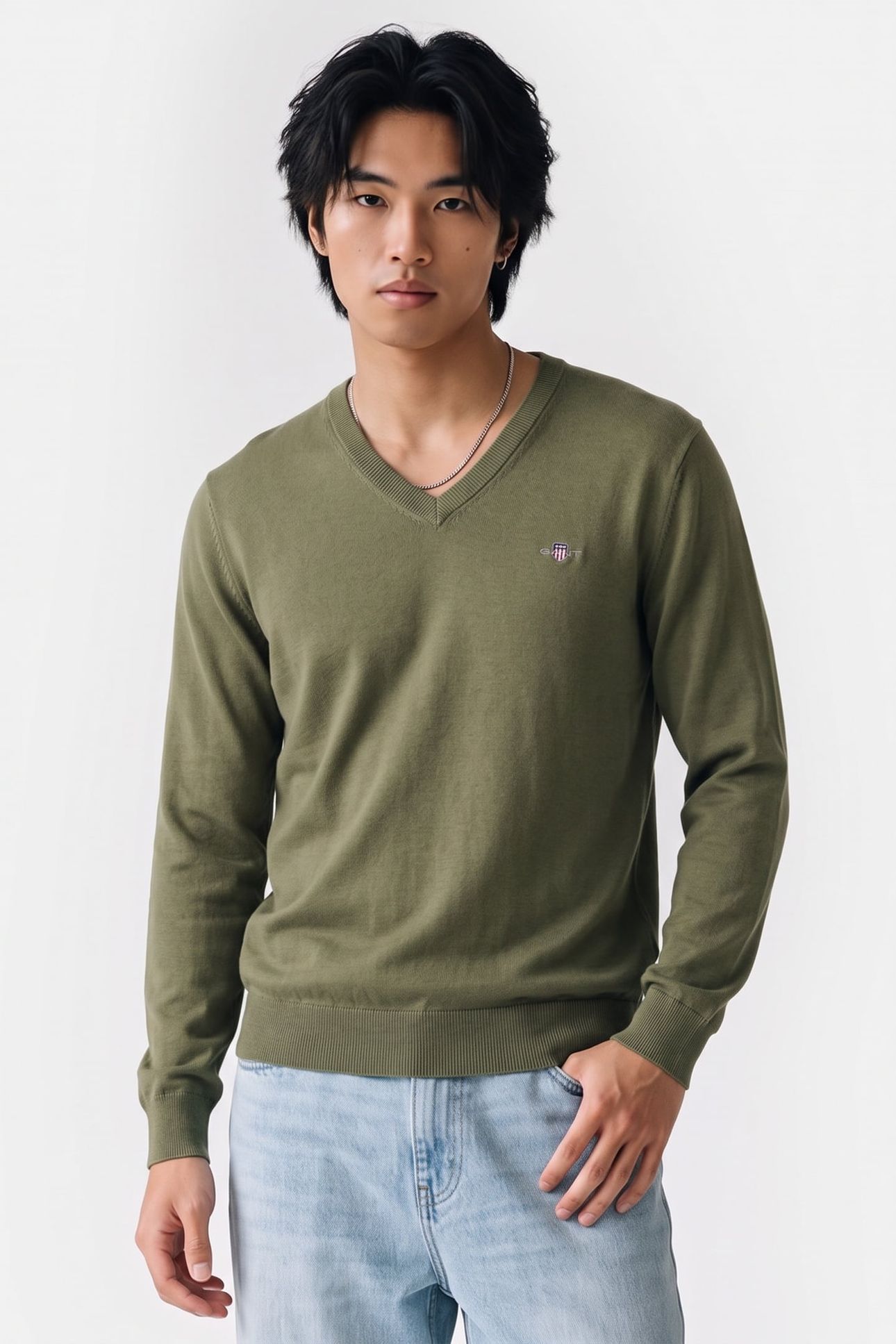 CLASSIC COTTON V-NECK DRY HERB GREEN 1