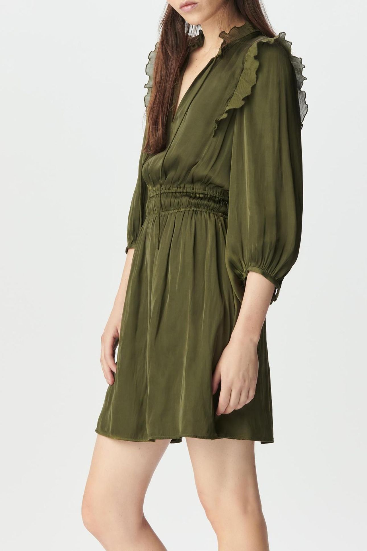 KHAKI CRUSHED SATIN DRESS WITH PLEATED RUFFLES 5
