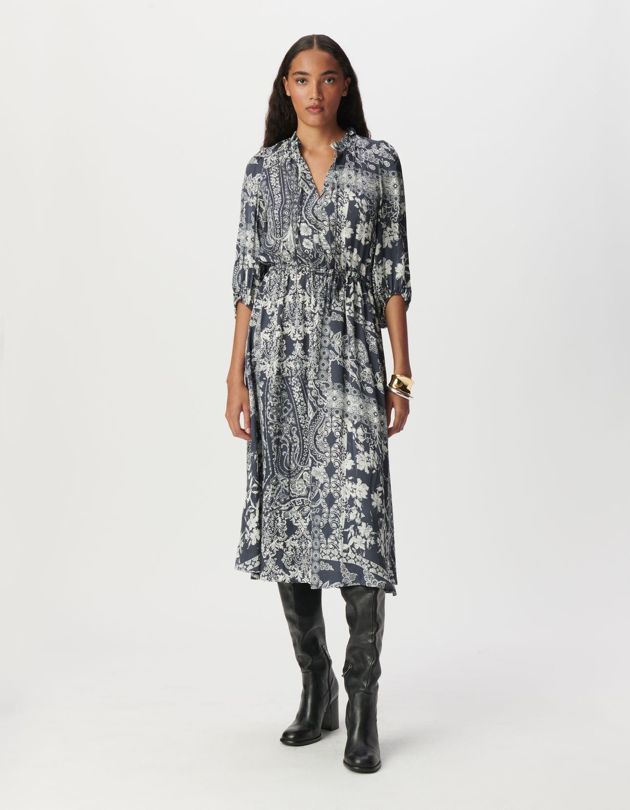 GREY BLUE SATIN LONG DRESS WITH SCARF PRINT 1