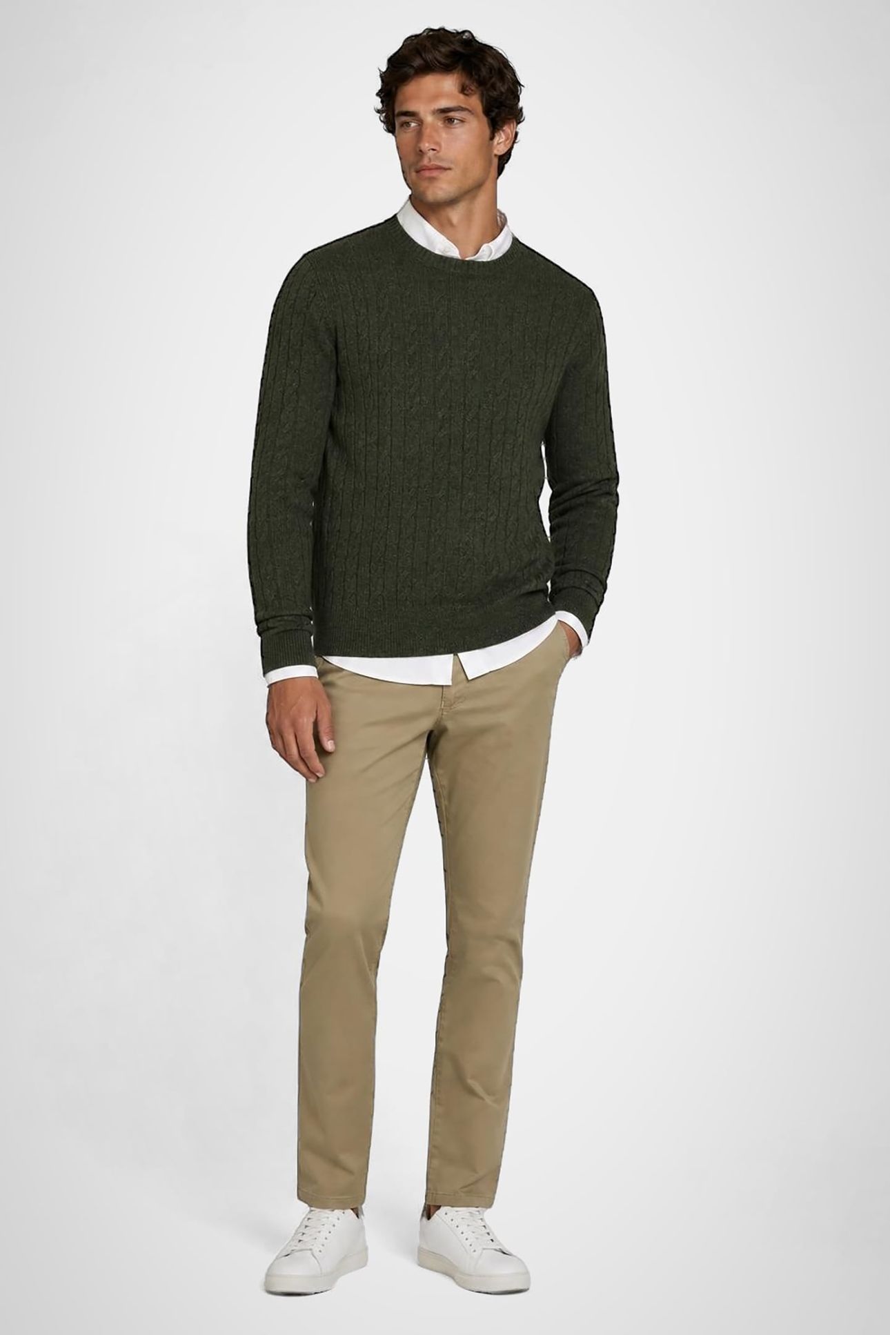 CABLE CREW NECK SWEATER DARK OLIVE 1