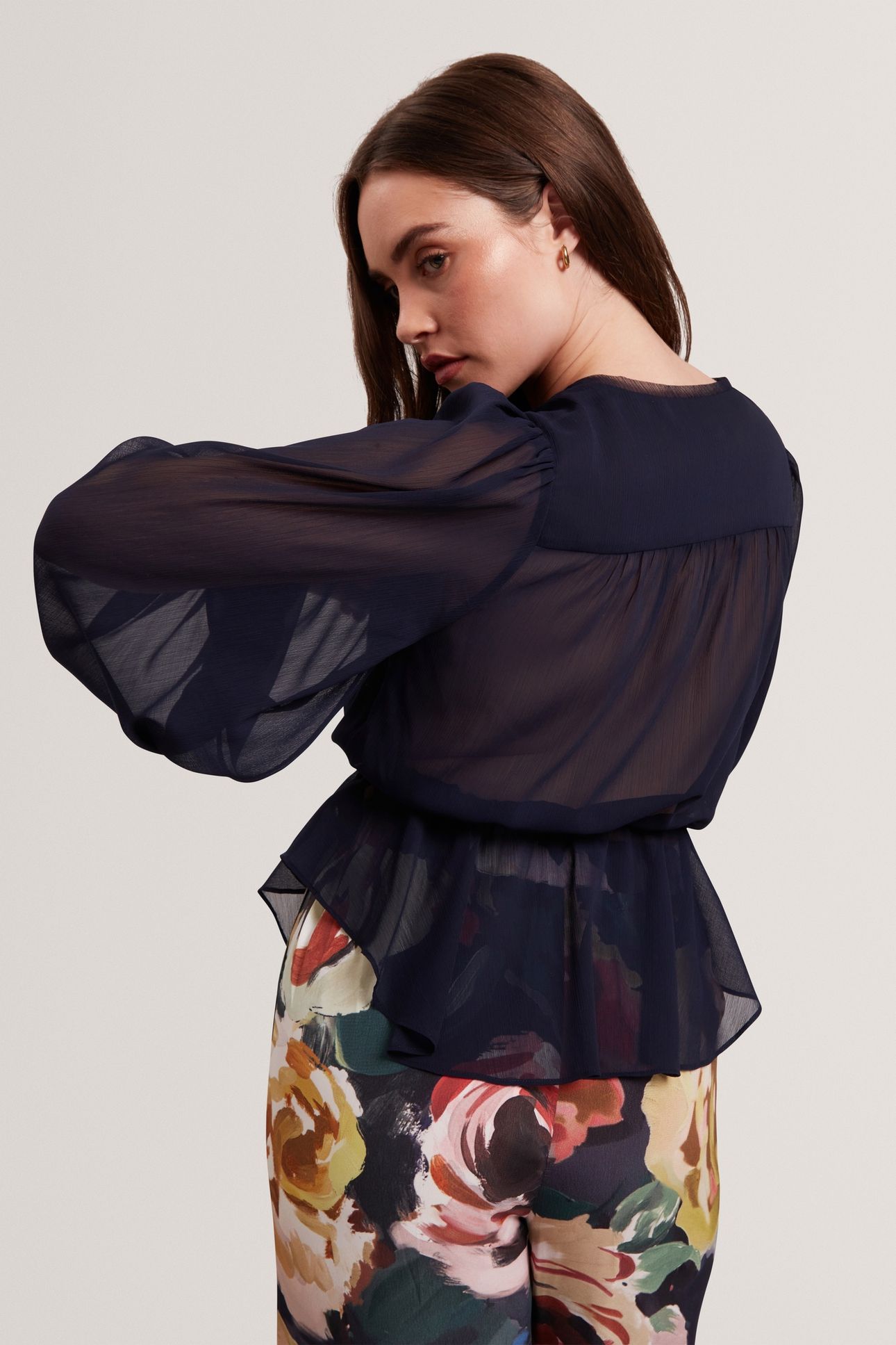 PRINTED TIE FRONT BALLOON SLEEVE BLOUSE NAVY 2