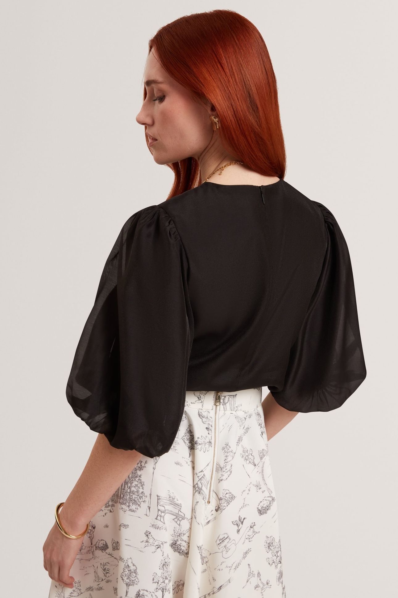 ORGANZA CREW NECK TOP WITH BALLOON SLEEVE BLACK 2