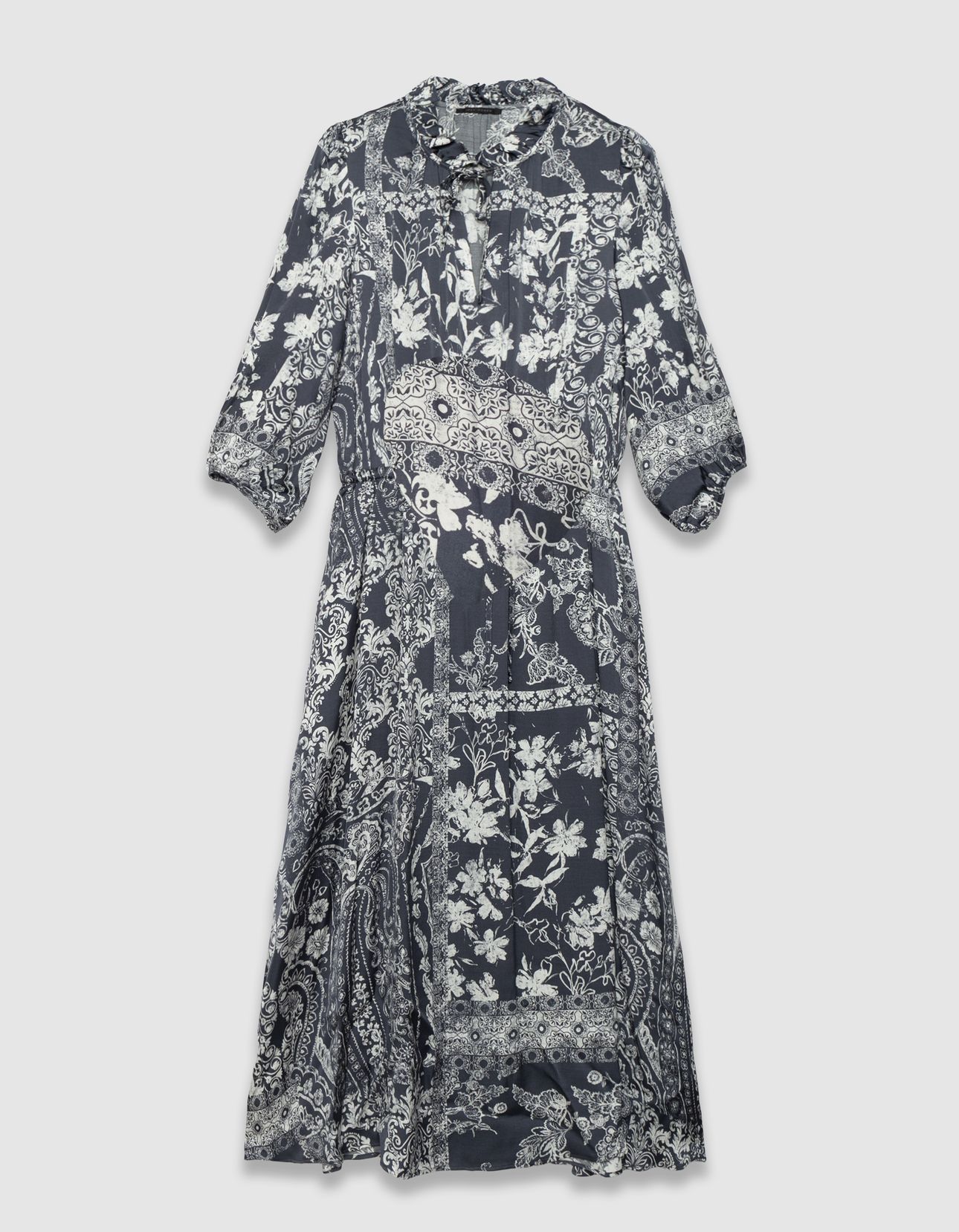 GREY BLUE SATIN LONG DRESS WITH SCARF PRINT 3