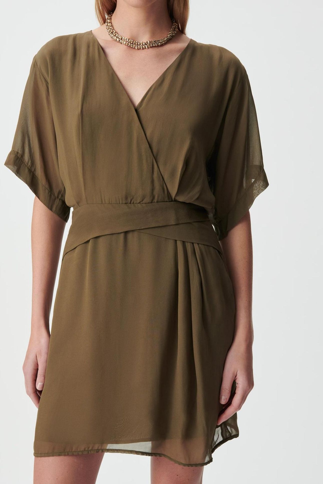 KHAKI WRAP DRESS WITH DRAPED WAIST 6