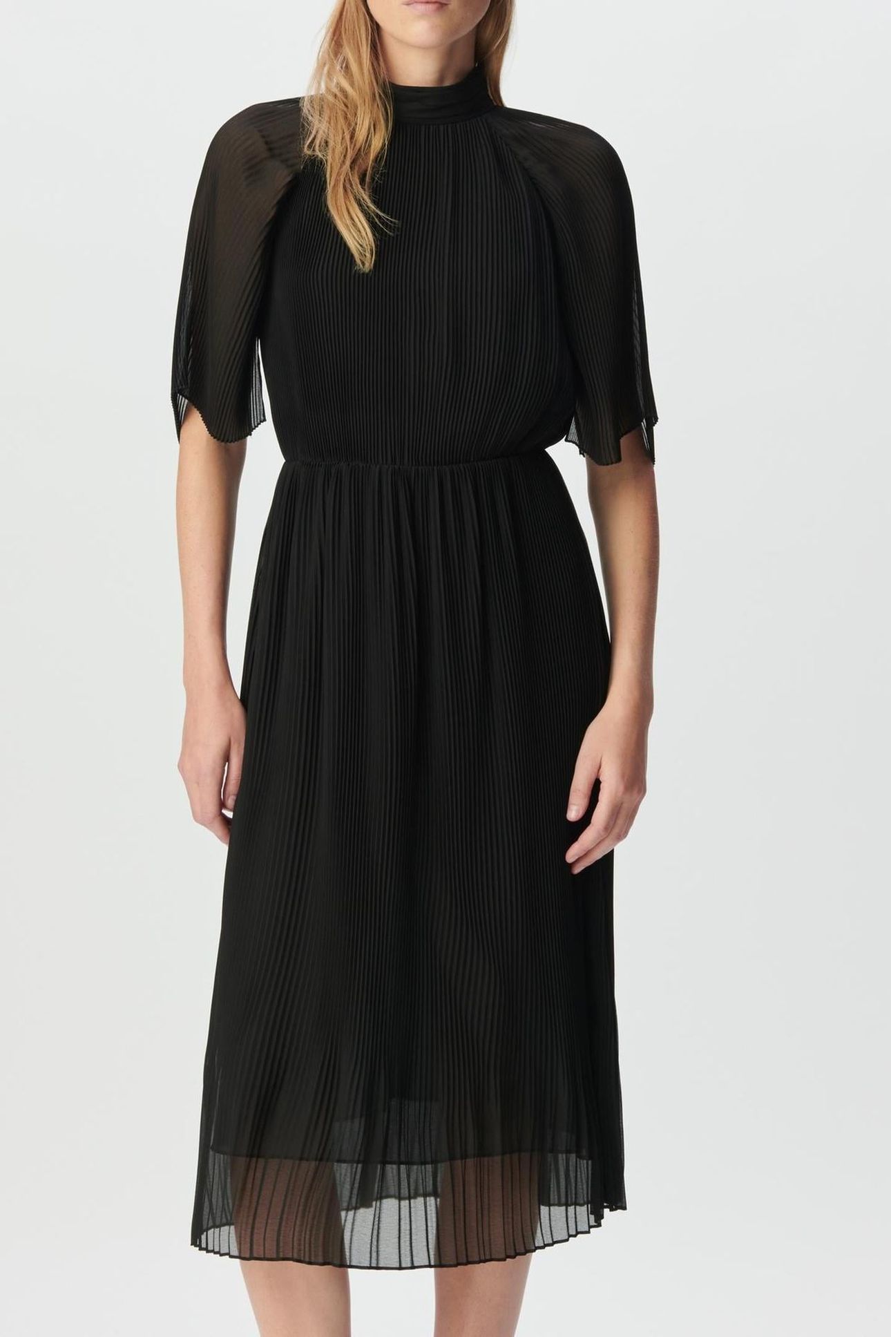 BLACK PLEATED VOILE DRESSY MIDI DRESS 1