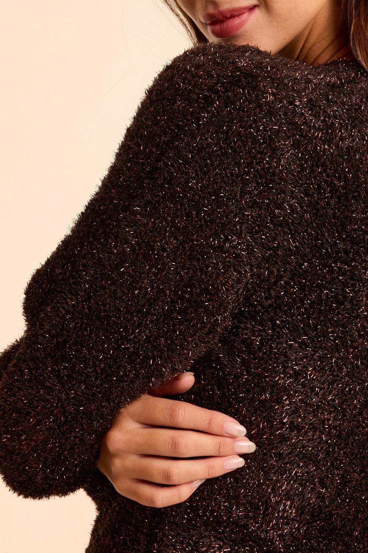 KHAKI FLUFFY KNIT CARDIGAN WITH COPPER LUREX 5