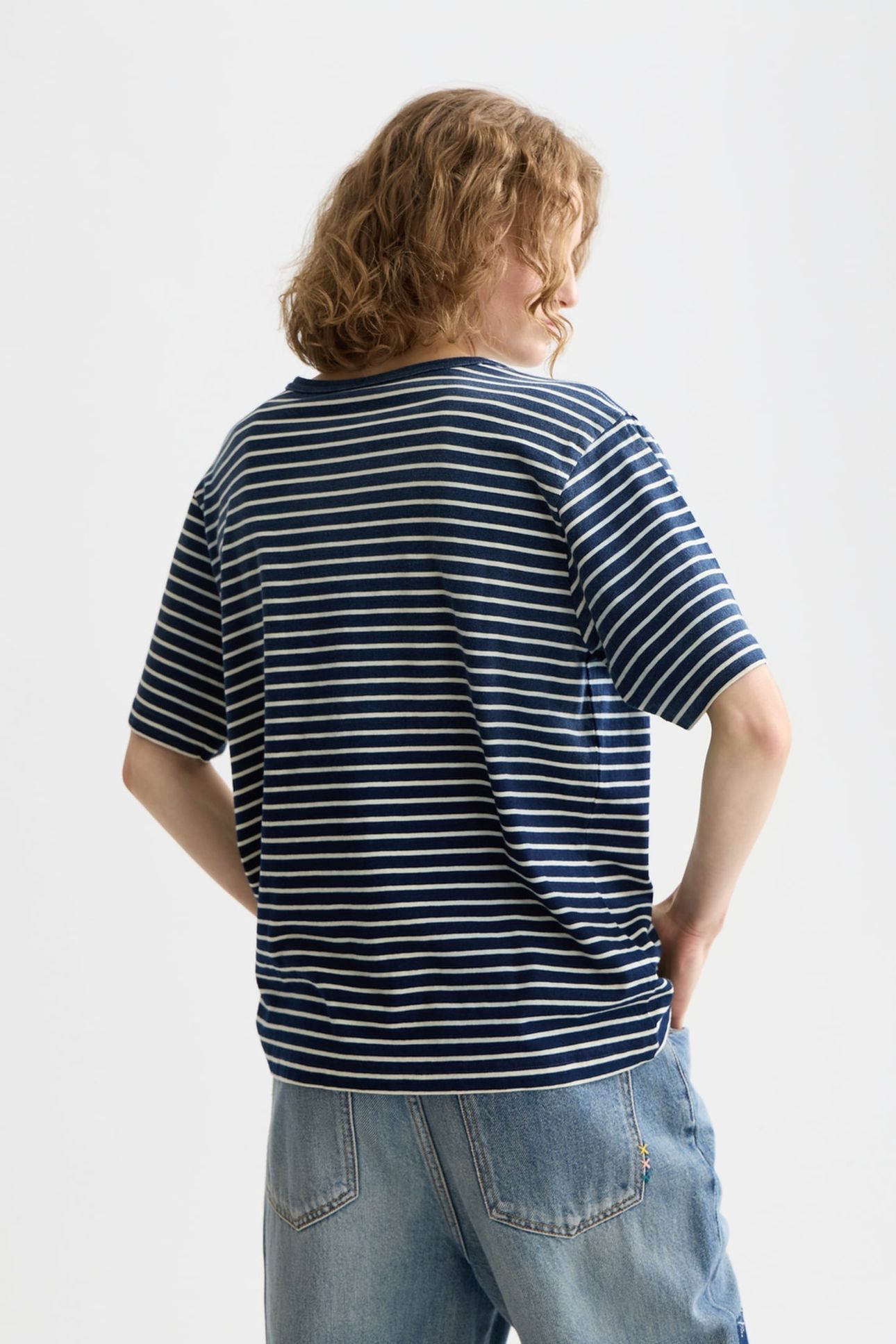 INDIGO WASHED LOOSE FIT T-SHRIT SAND STRIPE 2