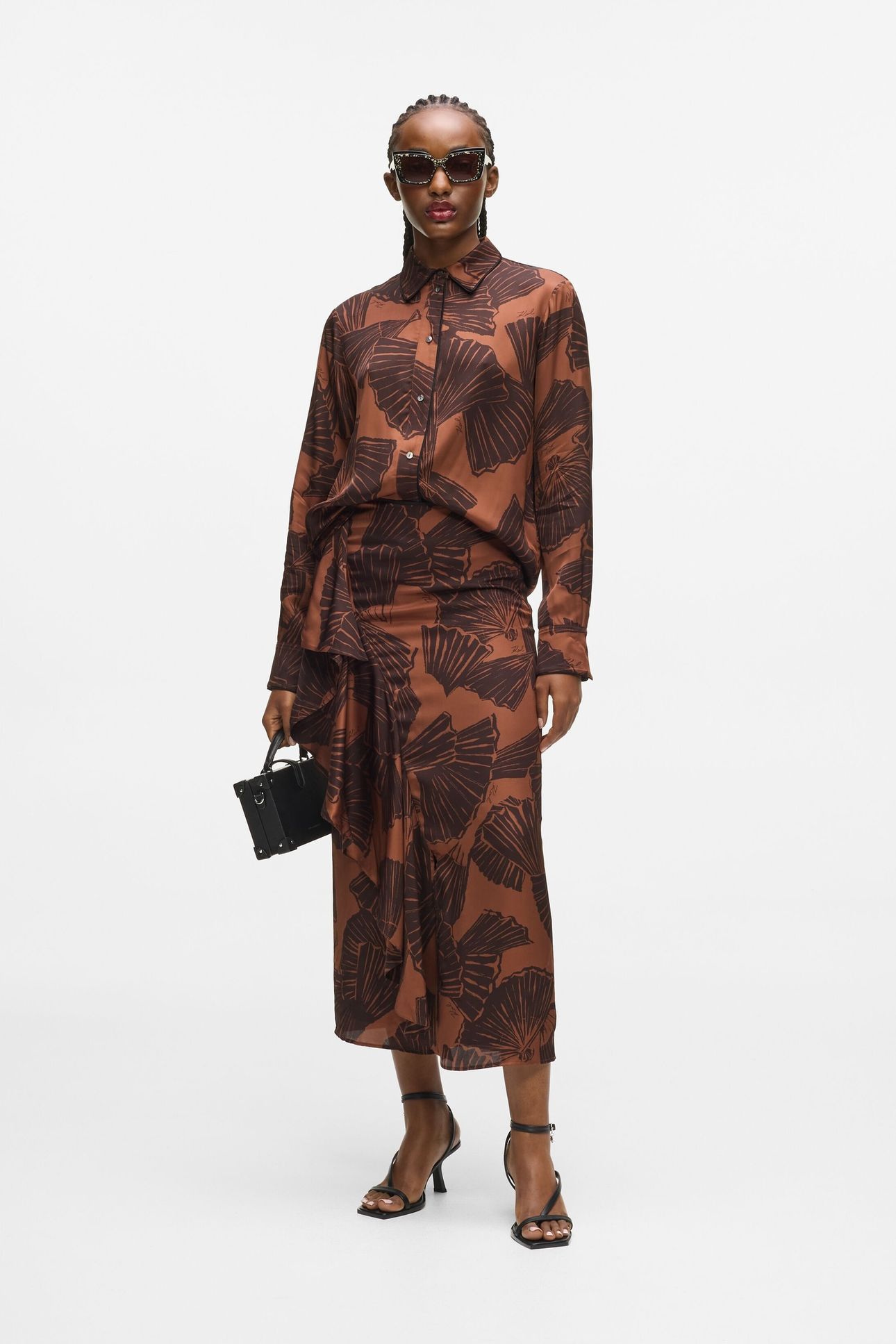 PRINTED FLUID SKIRT GRAPHIC FAN FRIAR BROWN 2
