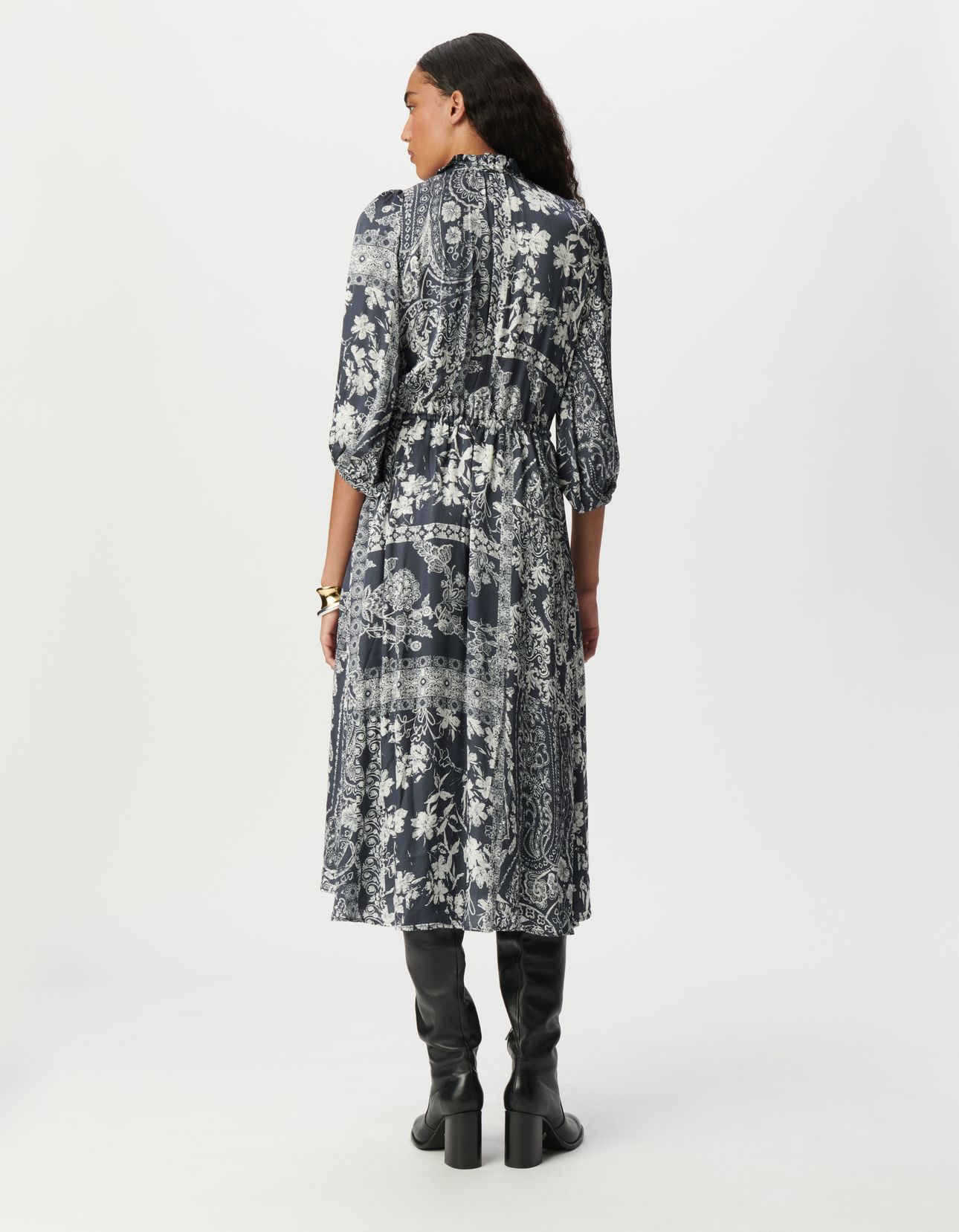 GREY BLUE SATIN LONG DRESS WITH SCARF PRINT 2
