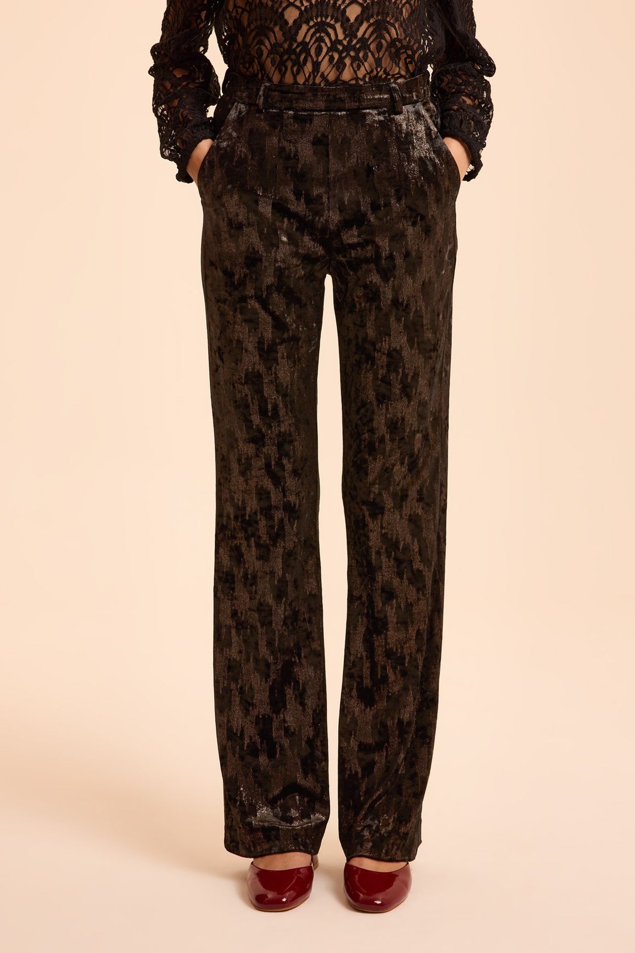 BLACK VELVET TROUSERS WITH TACHIST MOTIF 1
