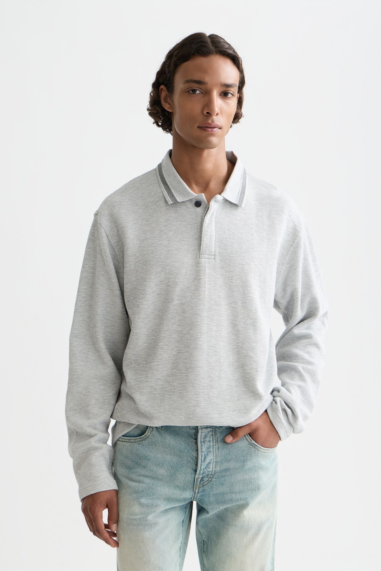 STRUCTURED RELAXED-FIT LONG-SLEEVED POLO LIGHT PASTEL GREY 1