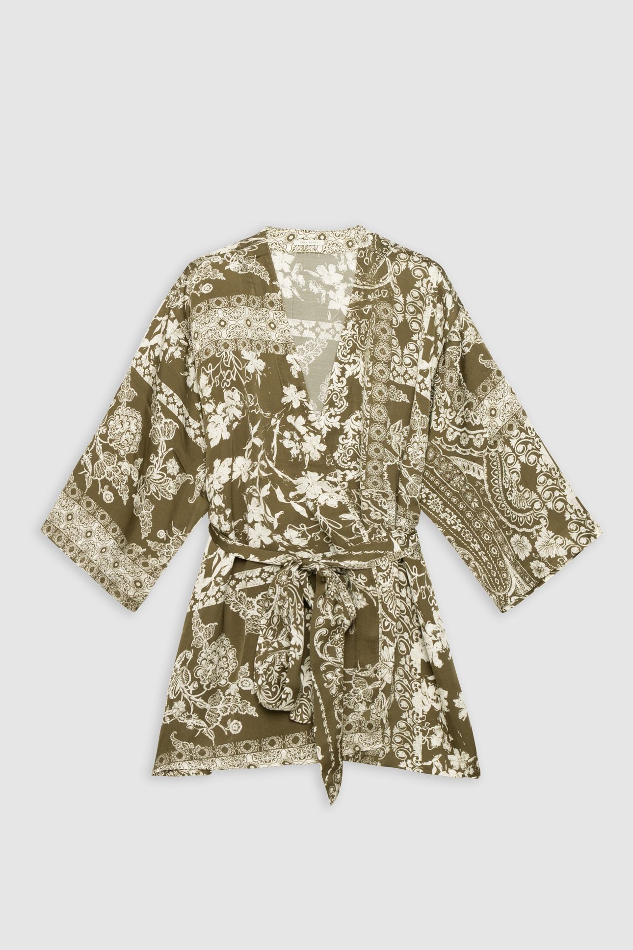 KHAKI KIMONO SHIRT WITH SCARF PRINT 4