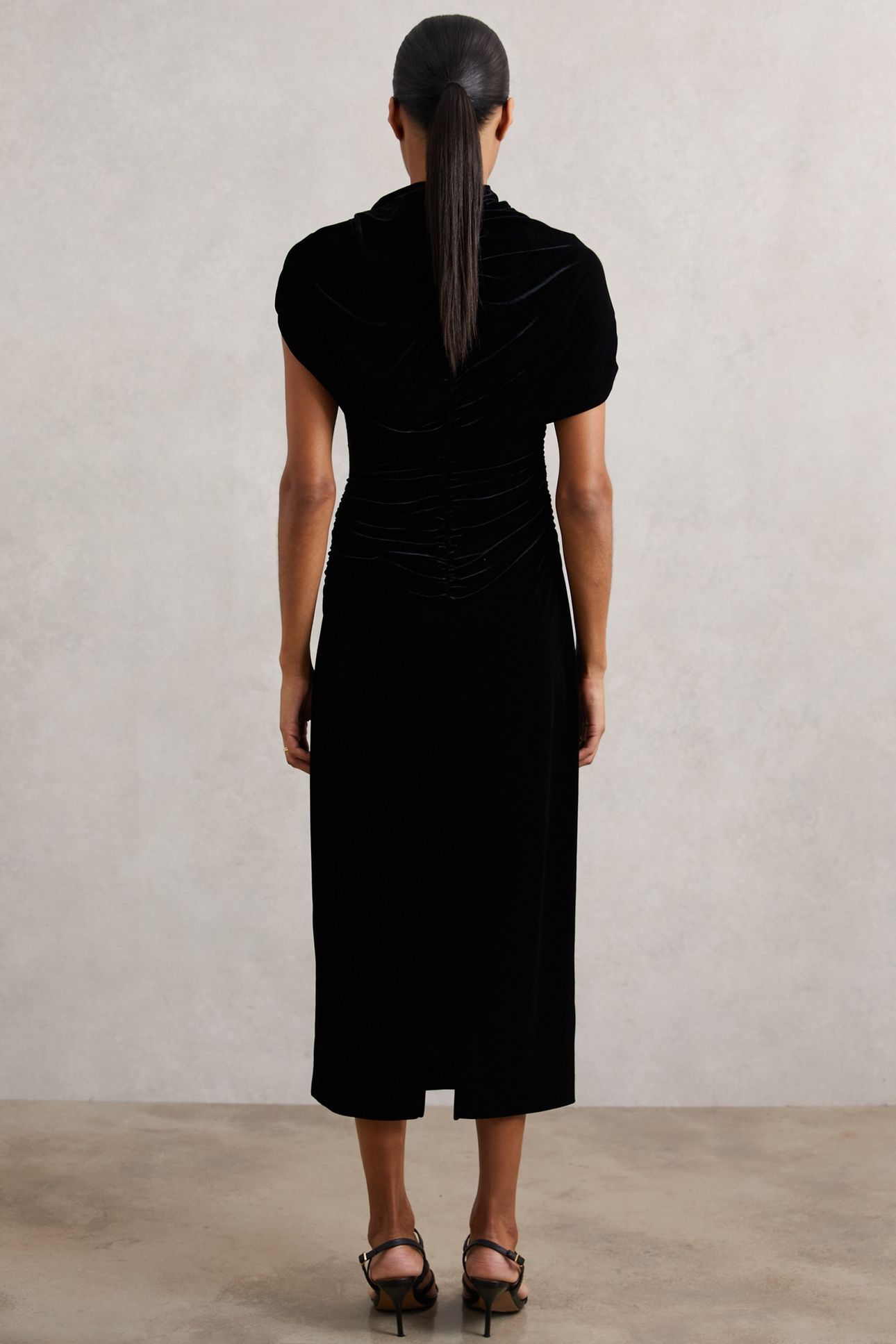 RUCHED VELVET MIDI DRESS BLACK 3