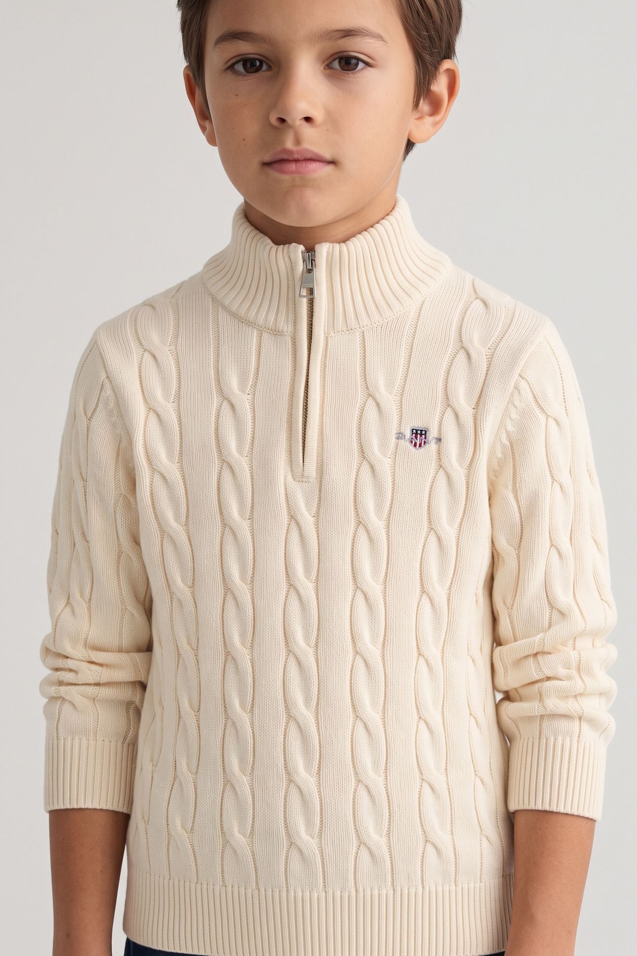 KIDS UNISEX COTTON CABLE HALF ZIP CREAM 1