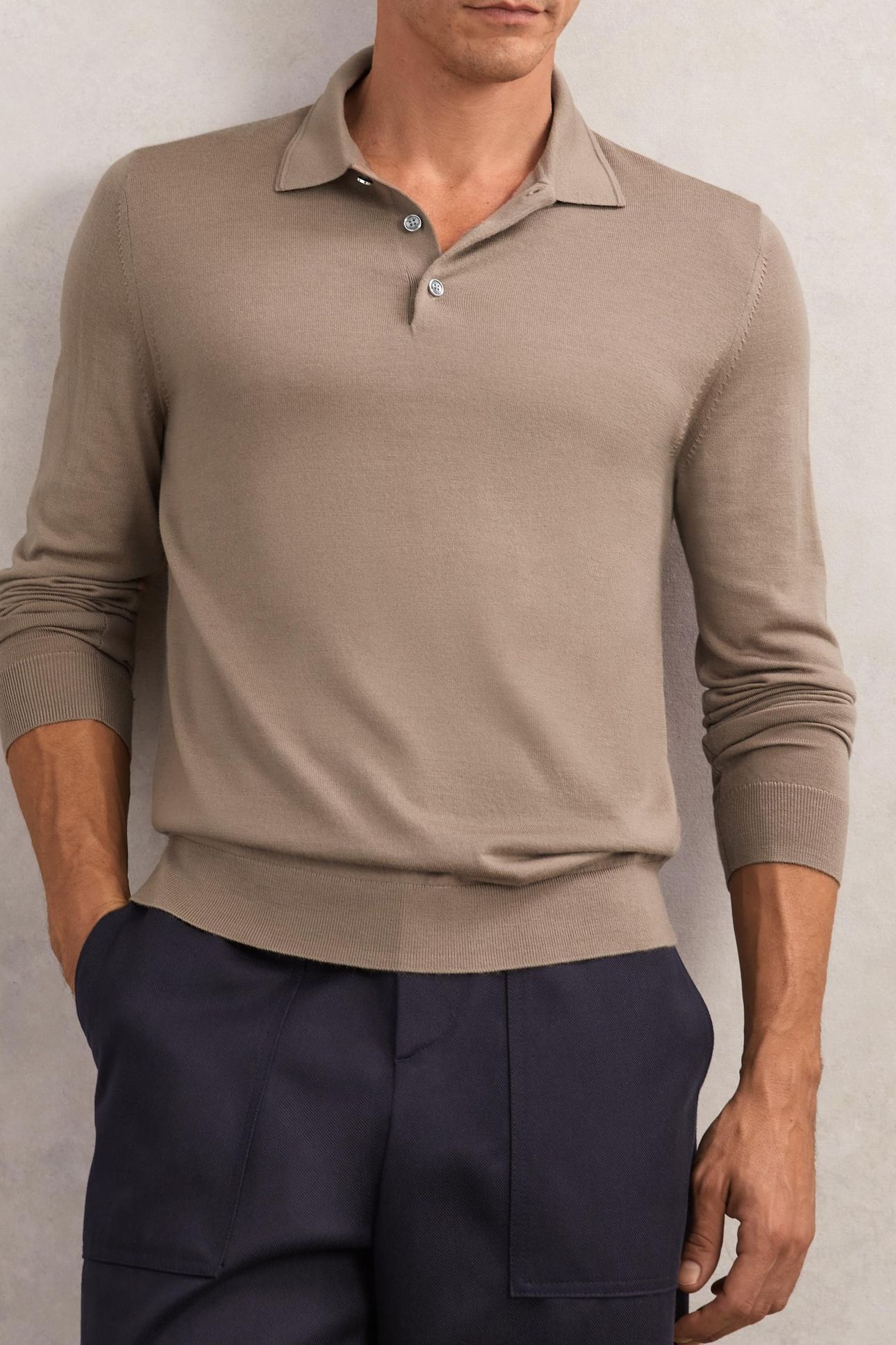 LS HALF BUTTON MERINO WOOL POLO CAMEL BROWN 1
