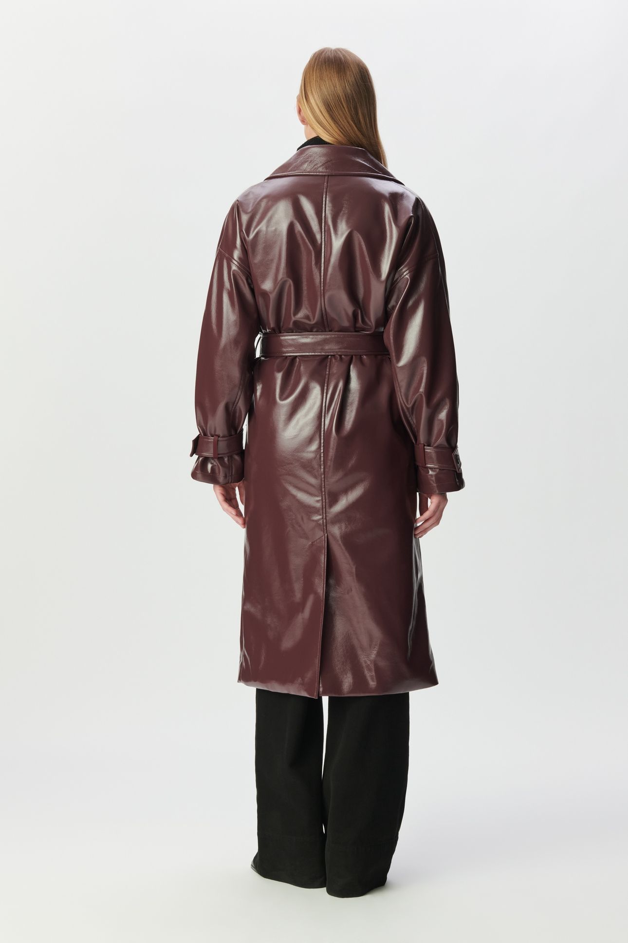 BURGUNDY VINYL-STYLE LONG TRENCH COAT 2