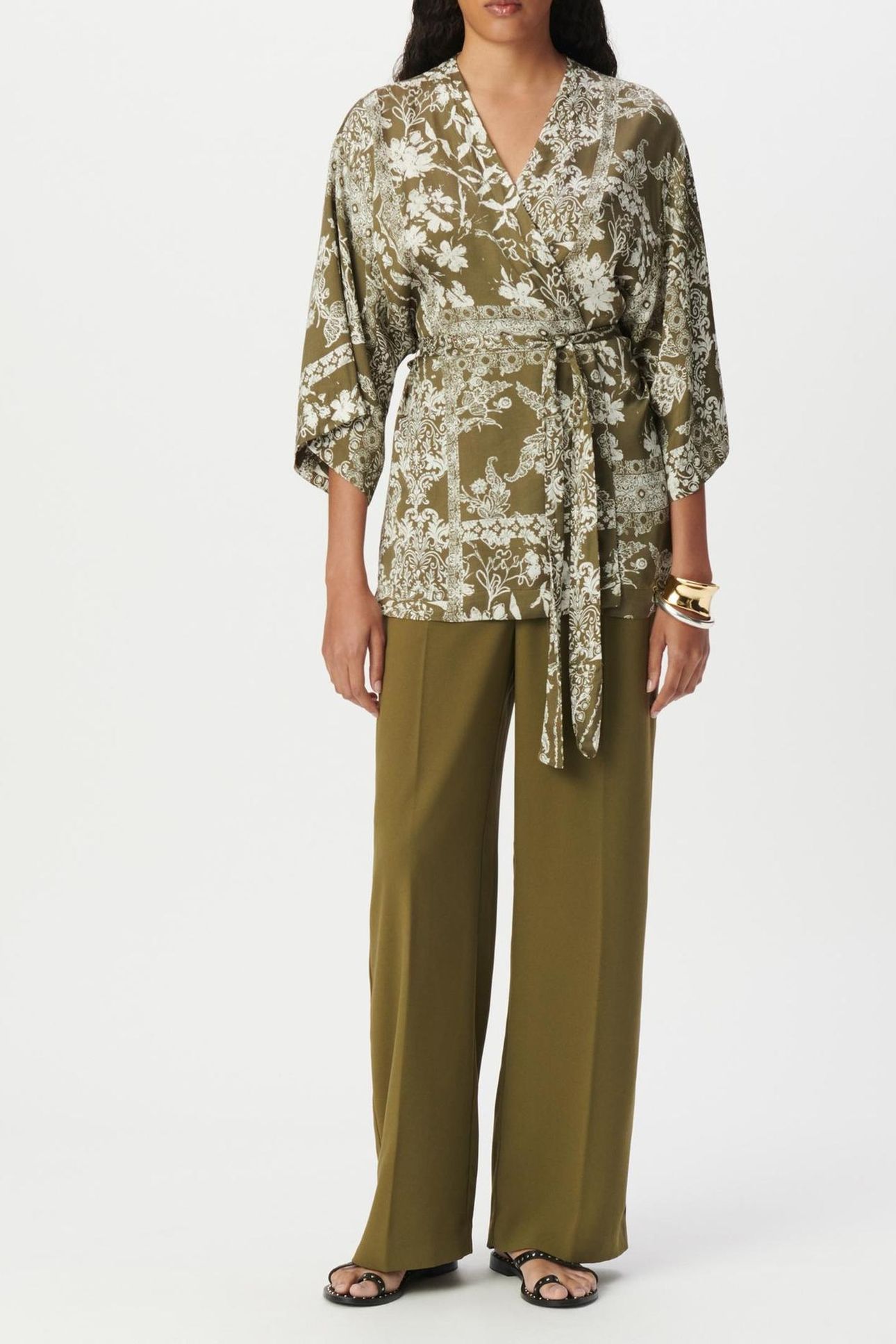 KHAKI KIMONO SHIRT WITH SCARF PRINT 3