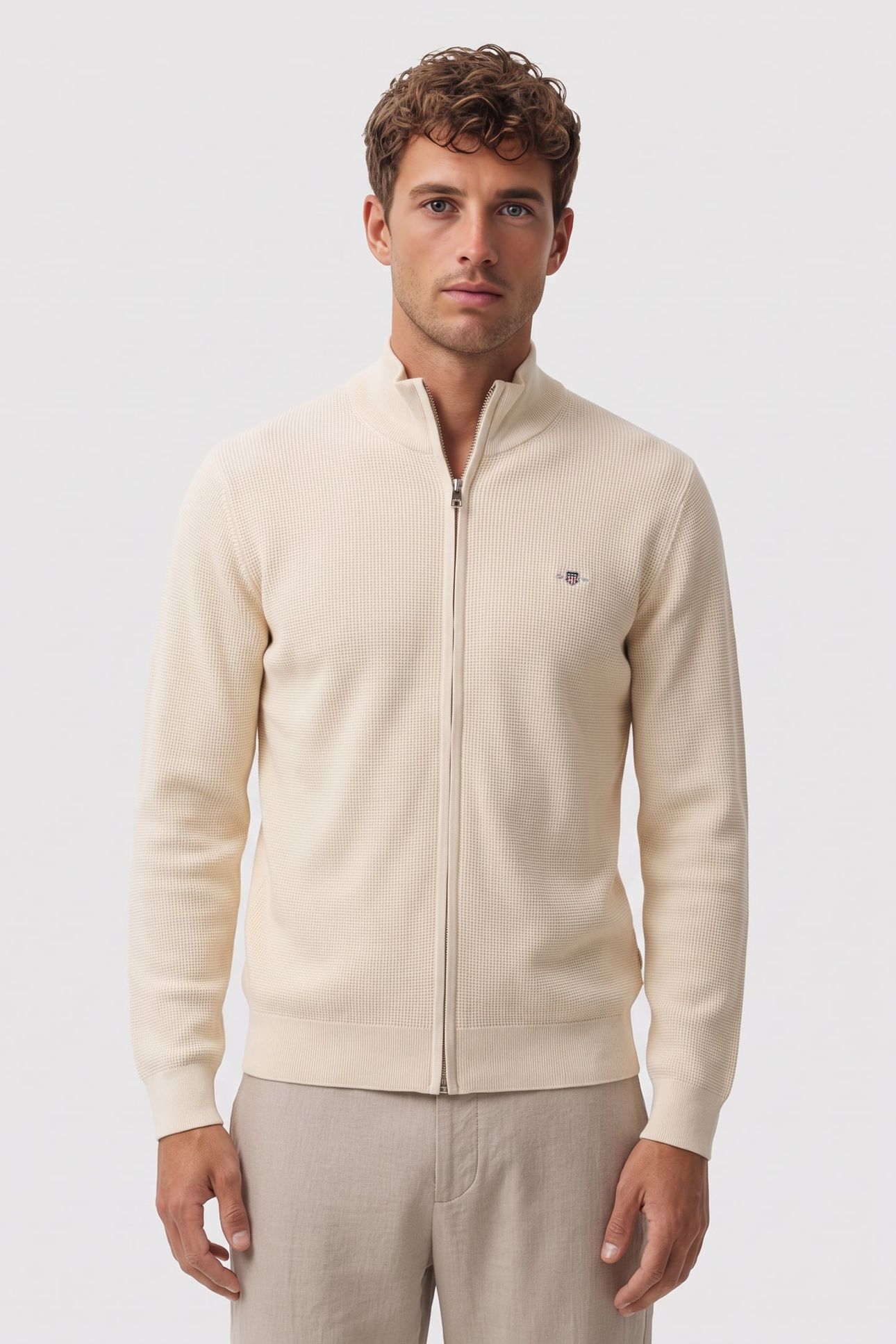 WAFFLE KNIT ZIP CARDIGAN CREAM 1