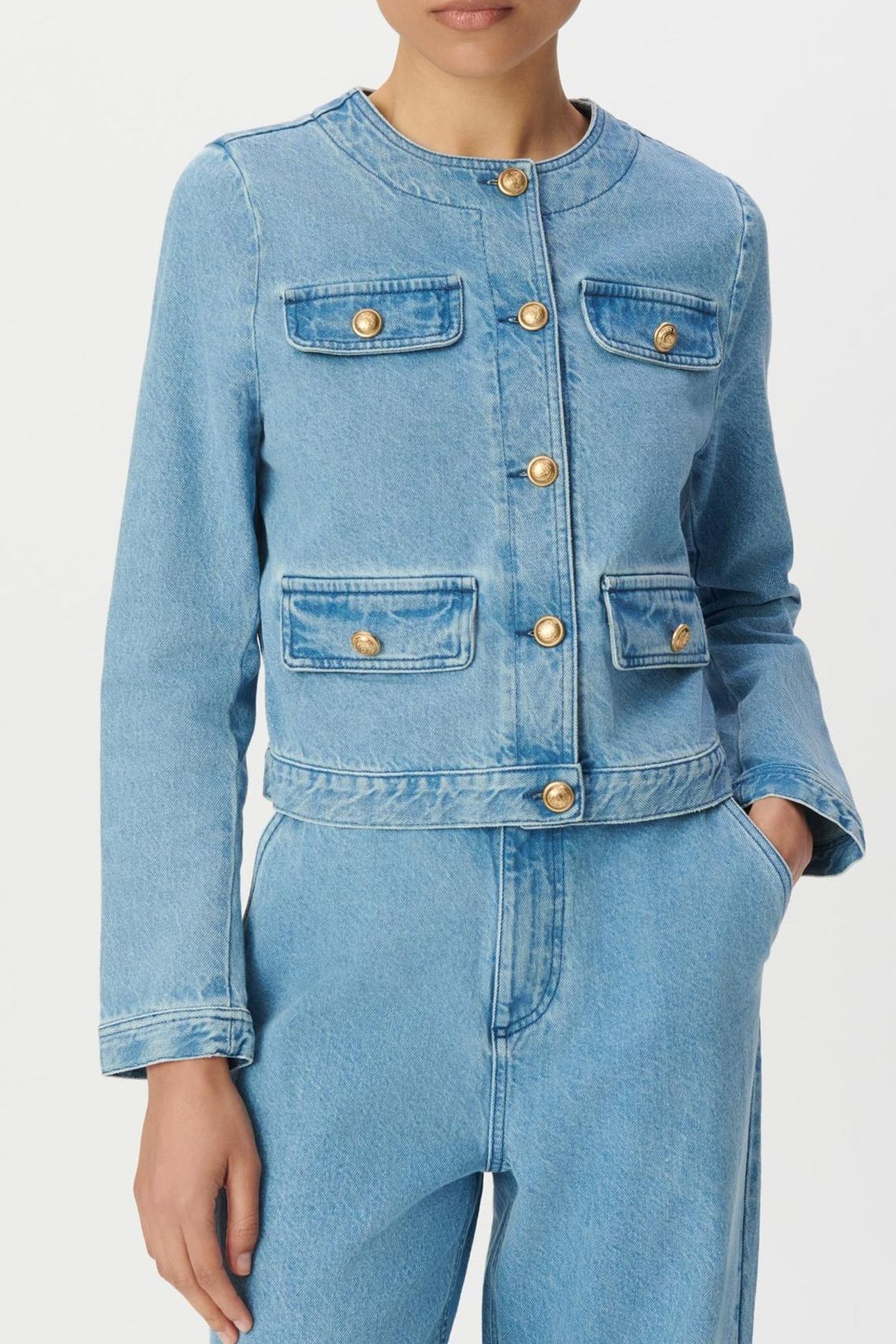 BLUE WATERLESS DENIM COLLARLESS JACKET 1