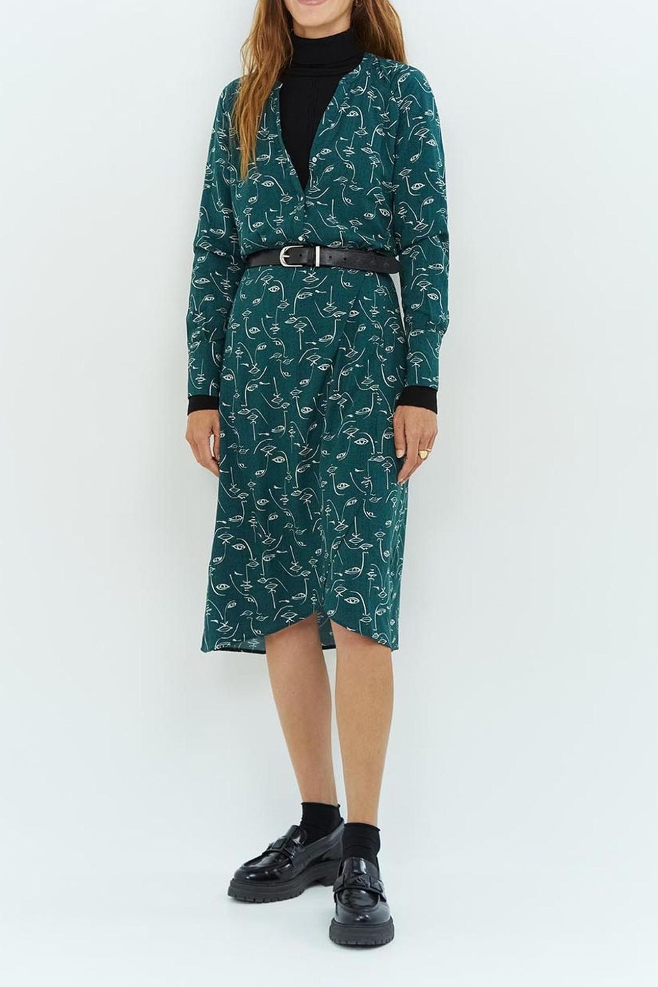 REVERDY _ CEDAR GREEN MIDI DRESS WITH FACE PRINT 4