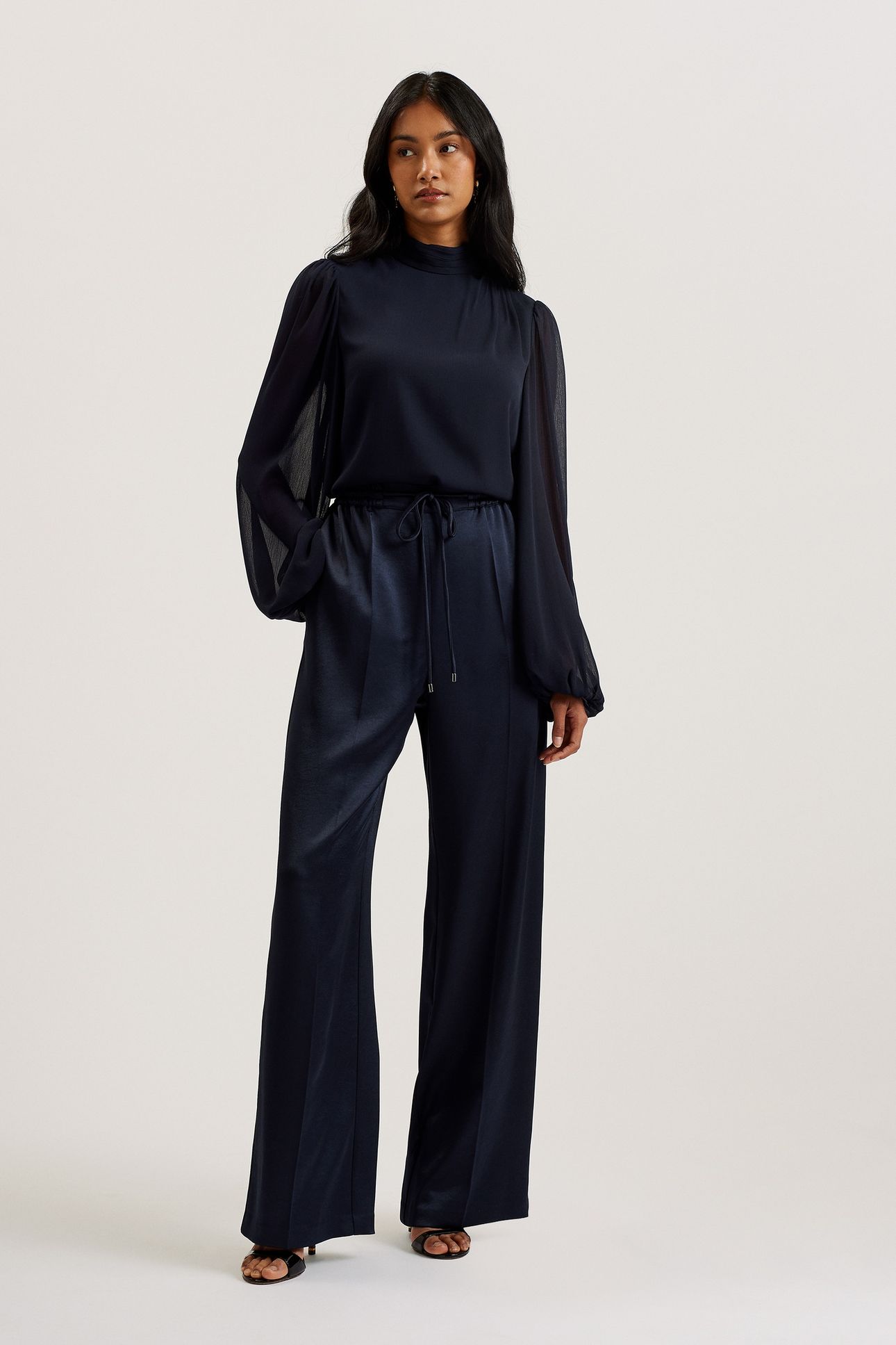 DEERDRA LONG SLEEVE PLEATED TOP NAVY 1