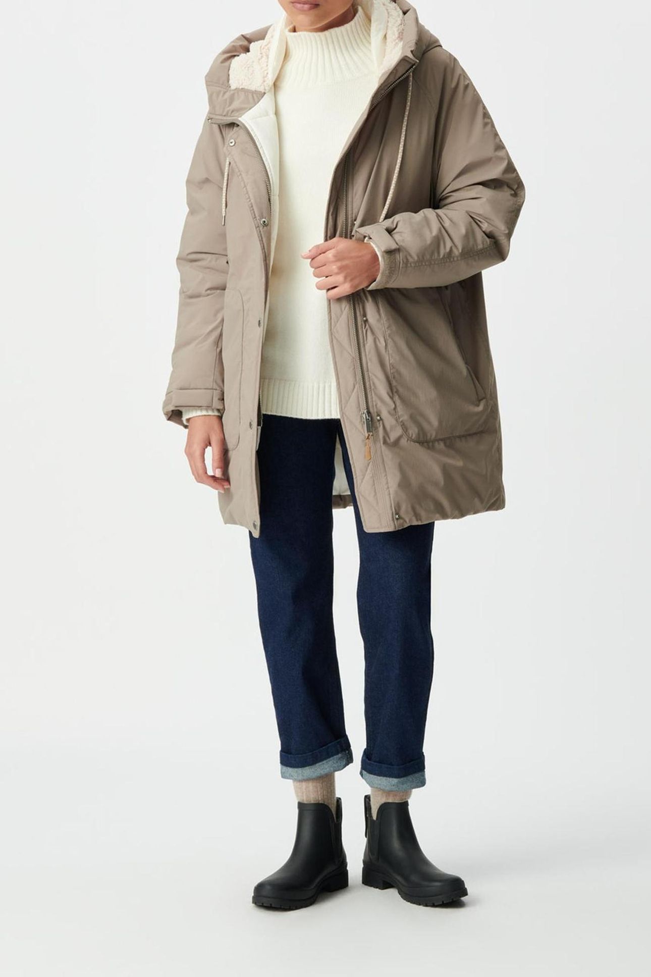 BEIGE PADDED JACKET WITH FUR-LINED HOOD 3