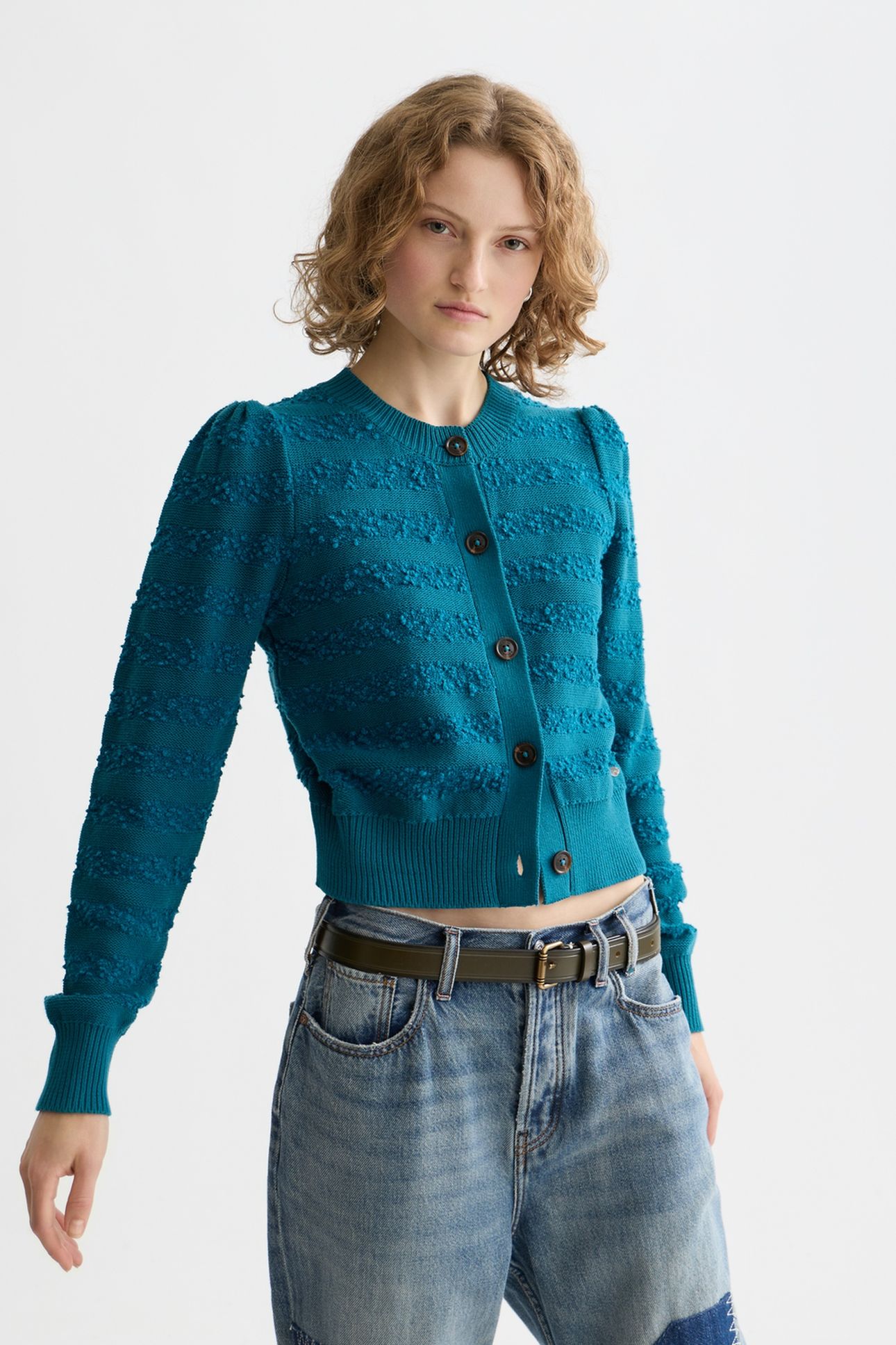 BOUCLÉ STRIPE CREW NECK CARDIGAN DEEP LAGOON 1