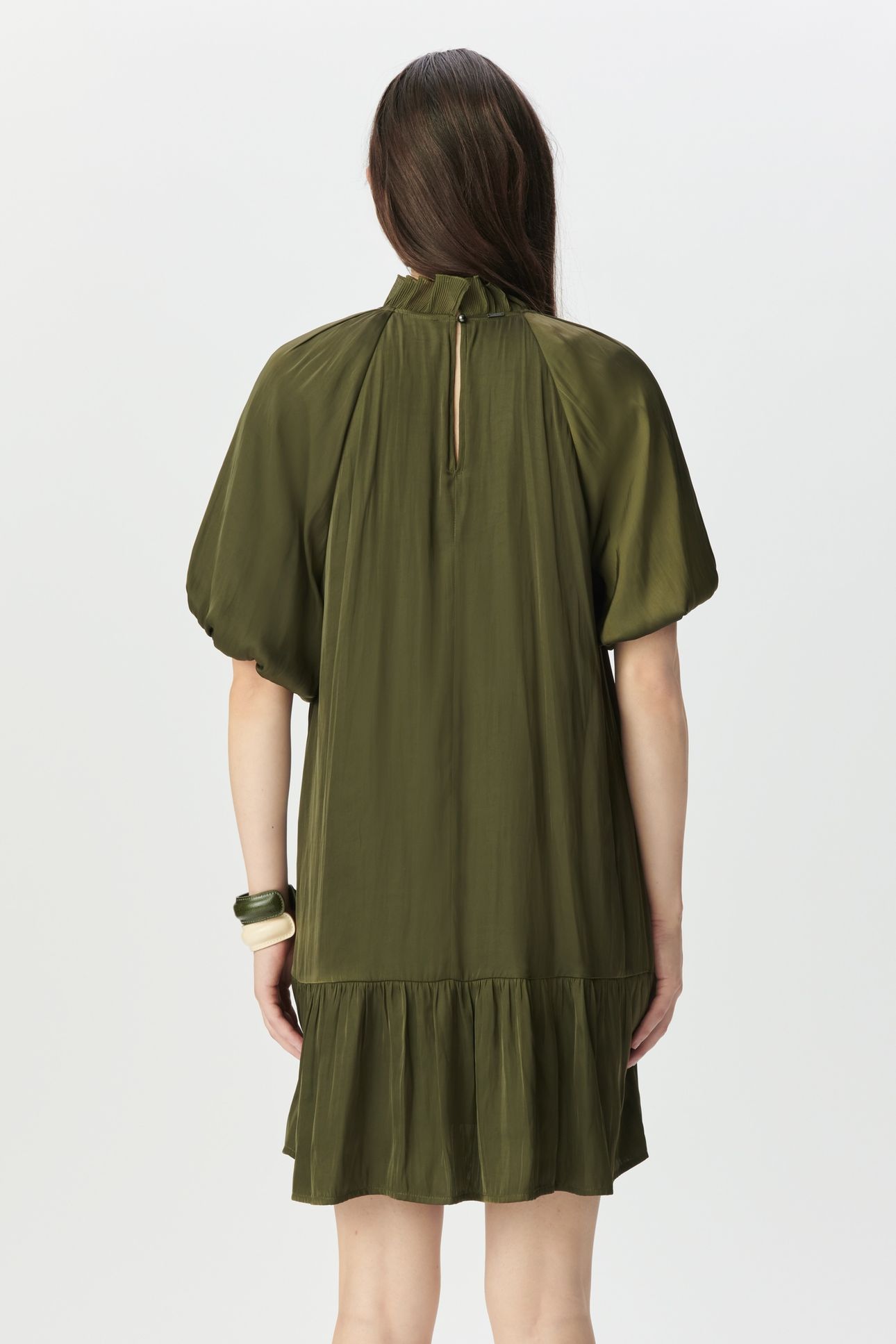 KHAKI FLOWING DRESS WITH BALLOON SLEEVES 2