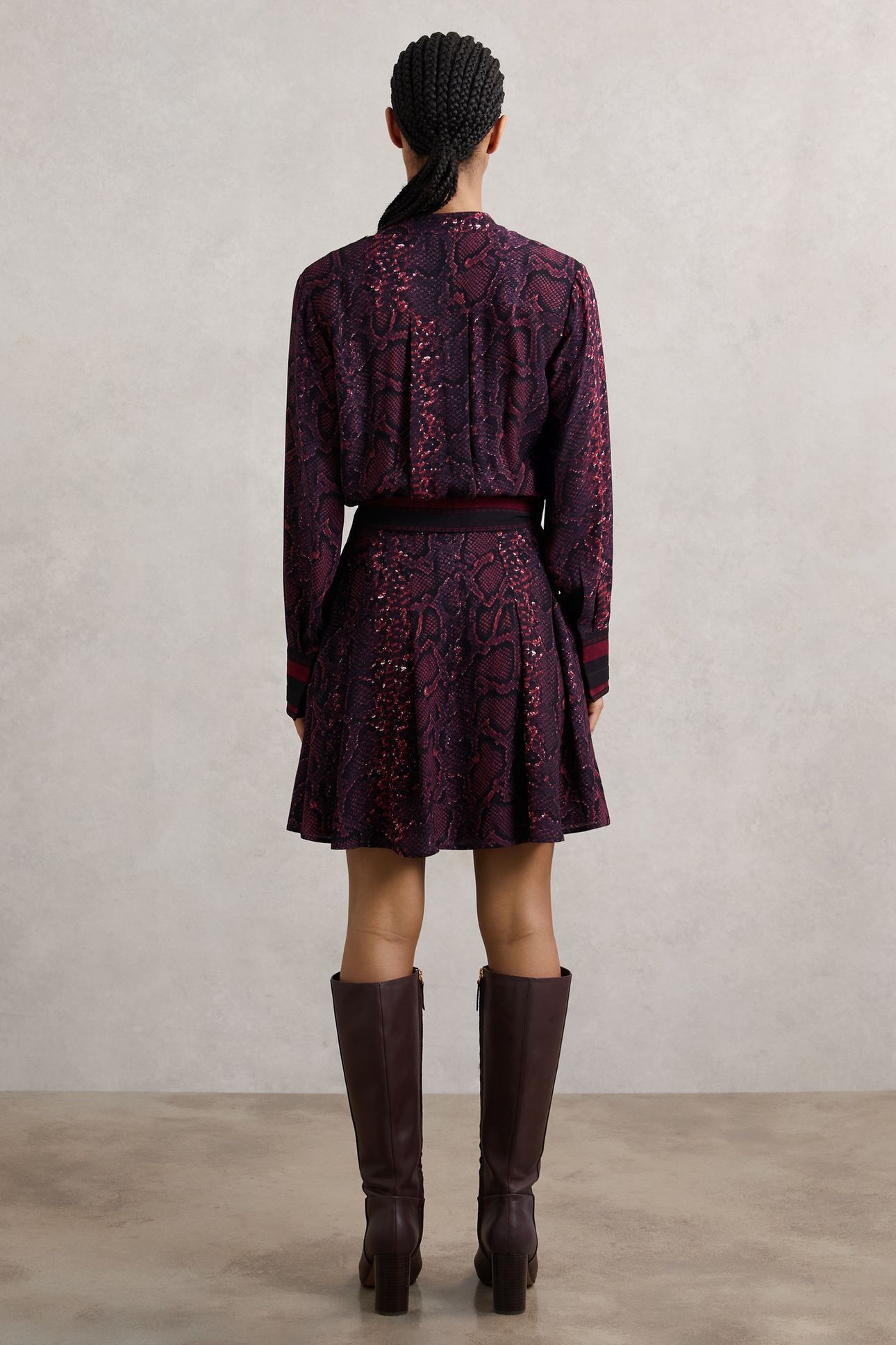 SNAKE PRINT FLIPPY DRESS BURGUNDY/BLACK 3