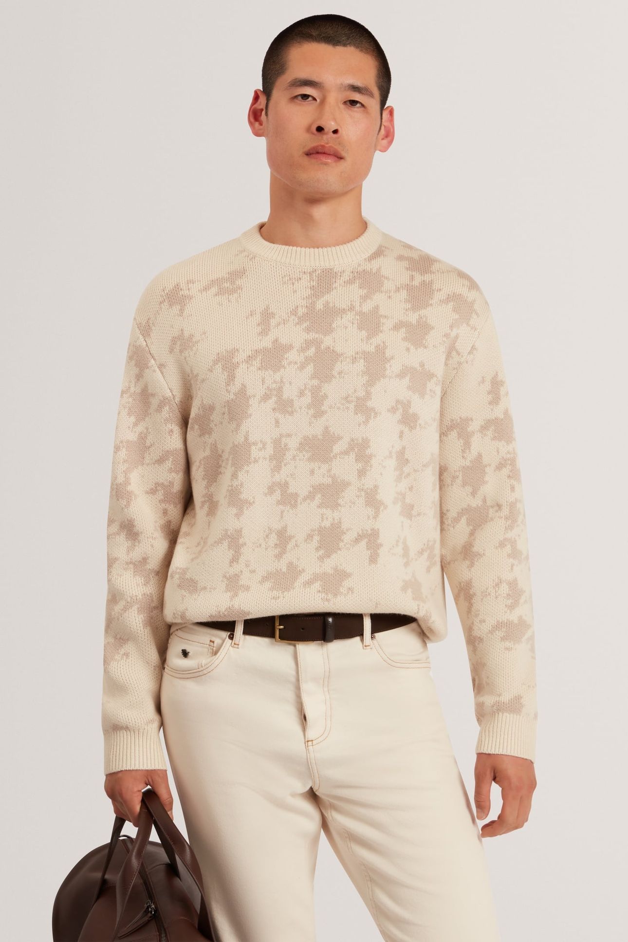RIBBED HOUNDSTOOTH CREW NECK ECRU 1